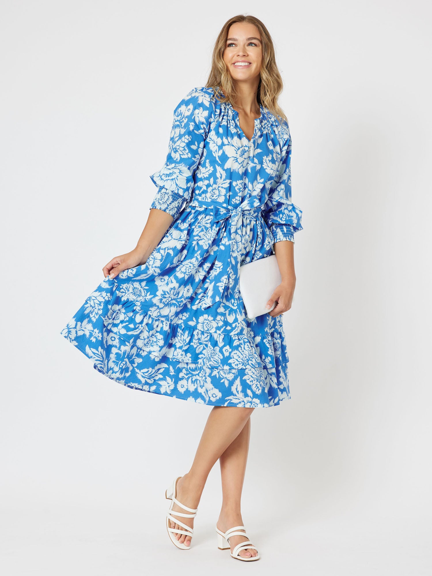 Martini Cotton Print 3/4 Sleeve A-line Dress - Blue