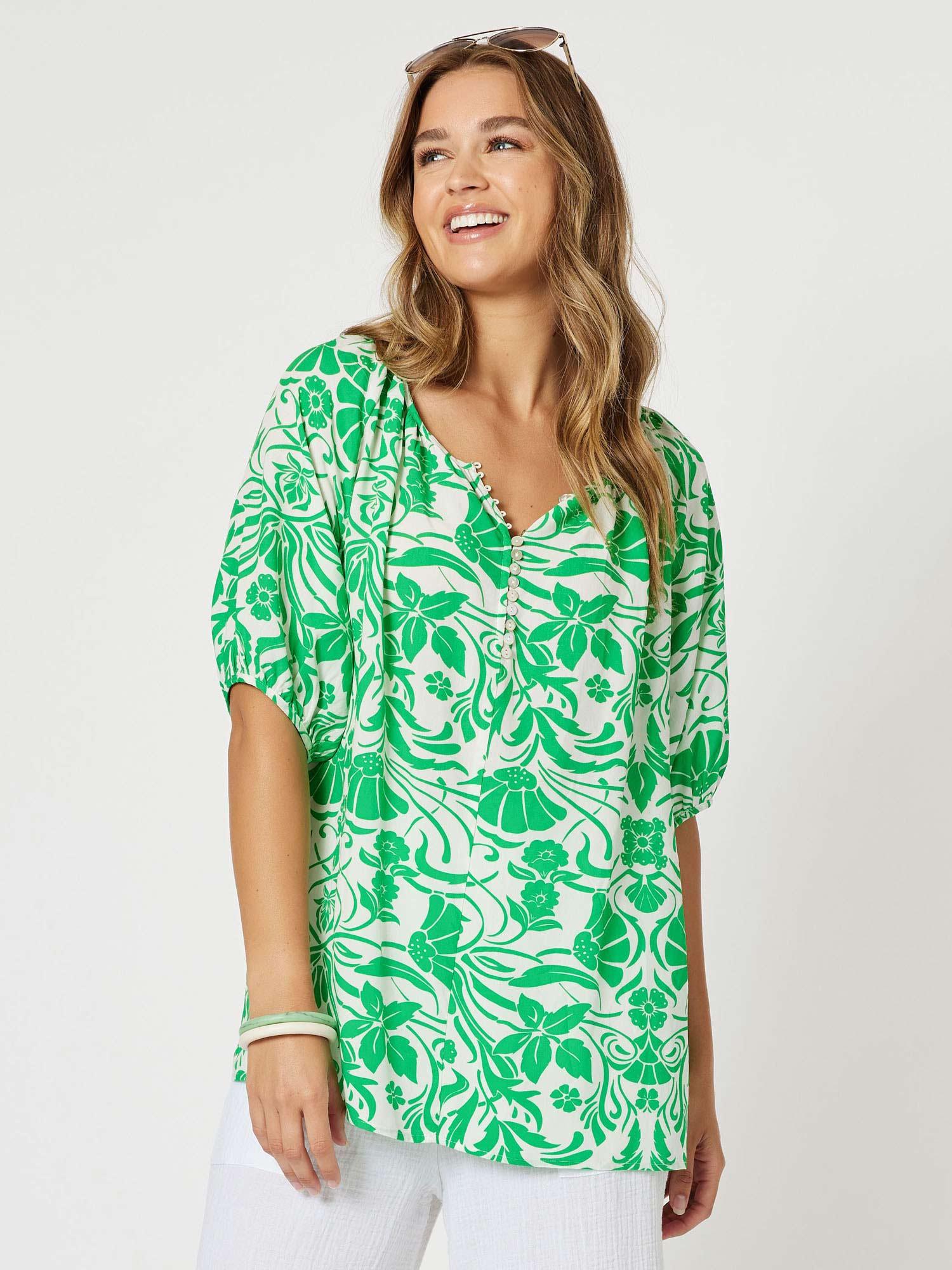 Paradise Print Button Detail Top - Green