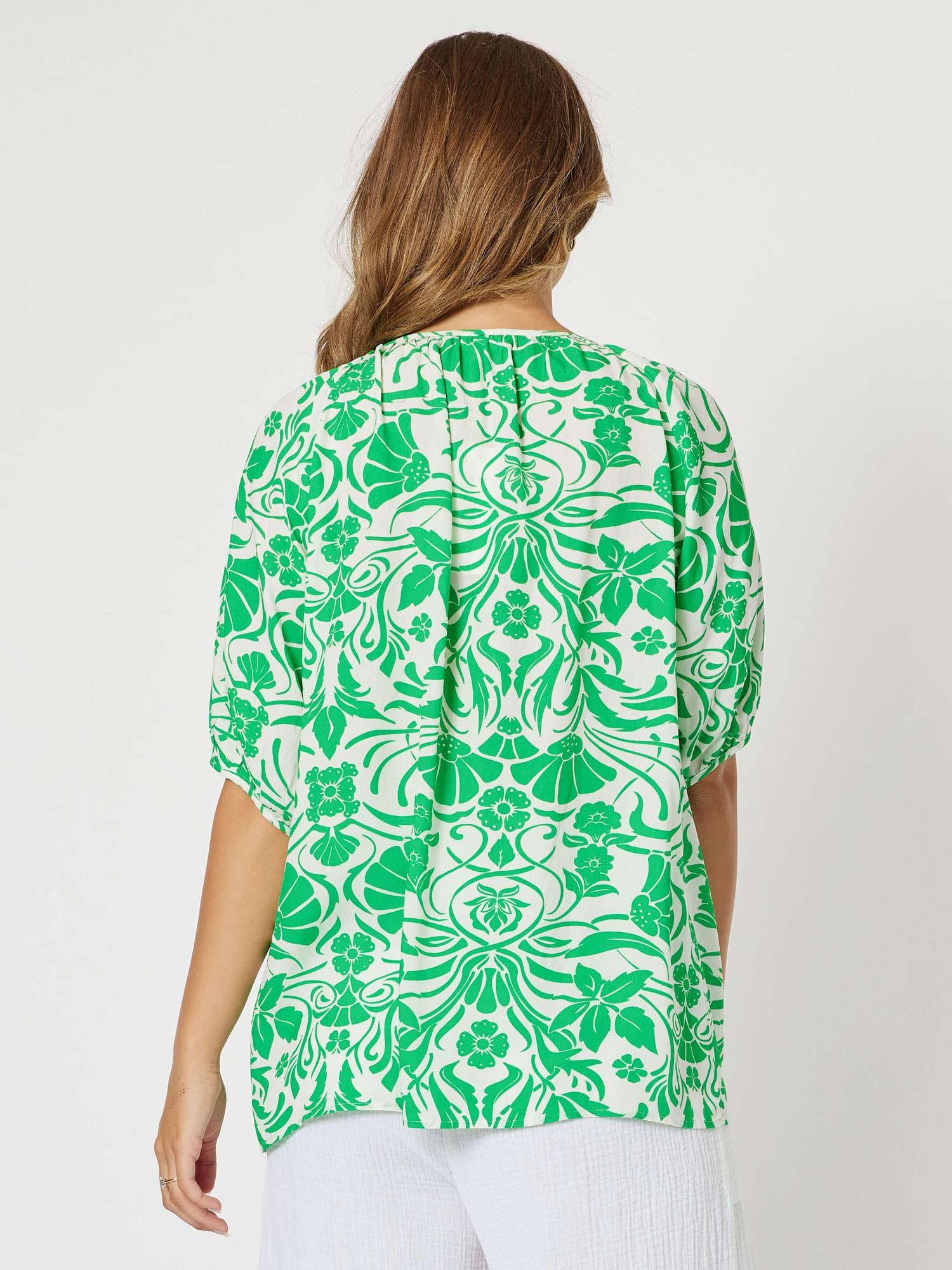 Paradise Print Button Detail Top - Green