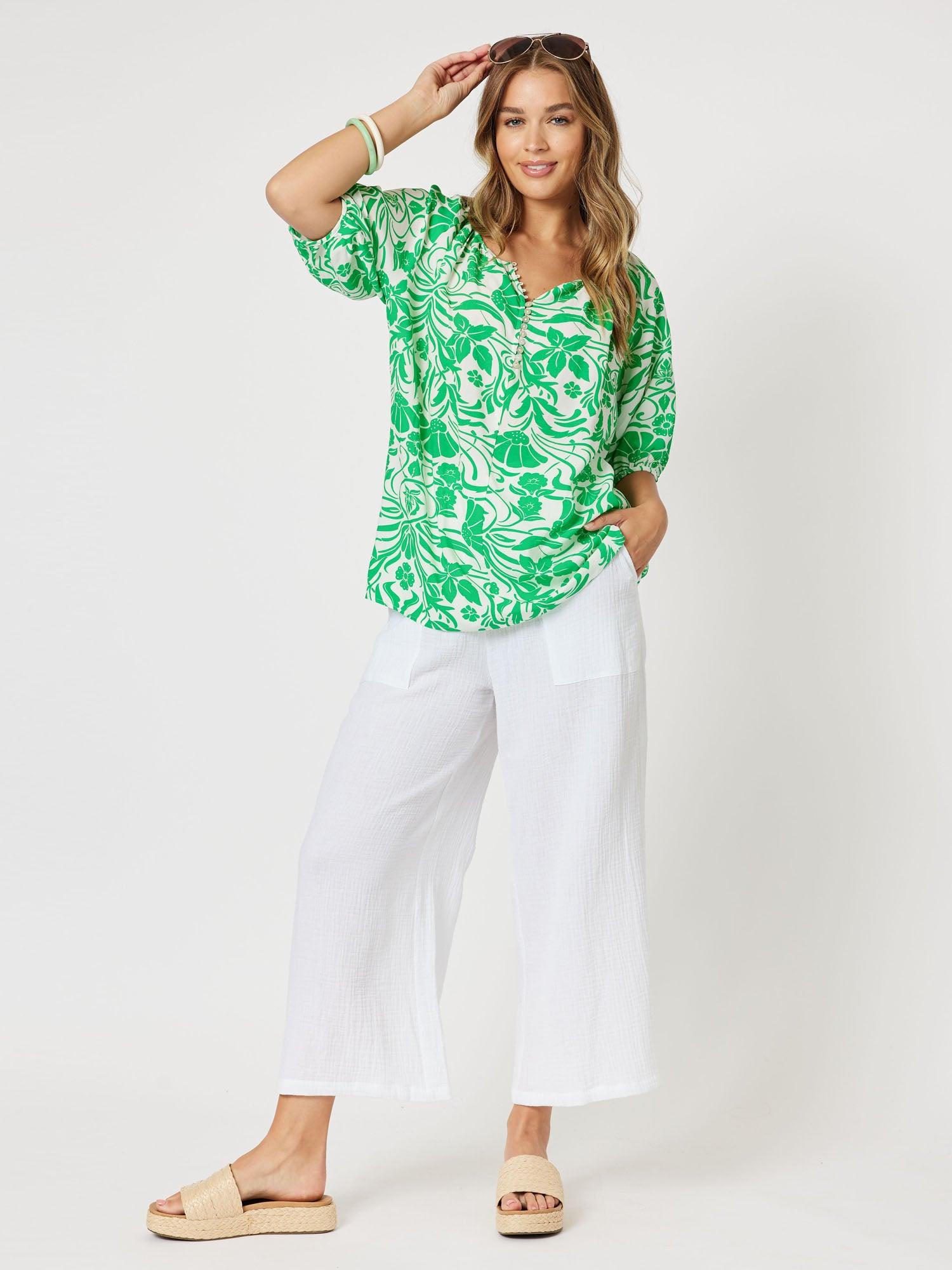 Paradise Print Button Detail Top - Green
