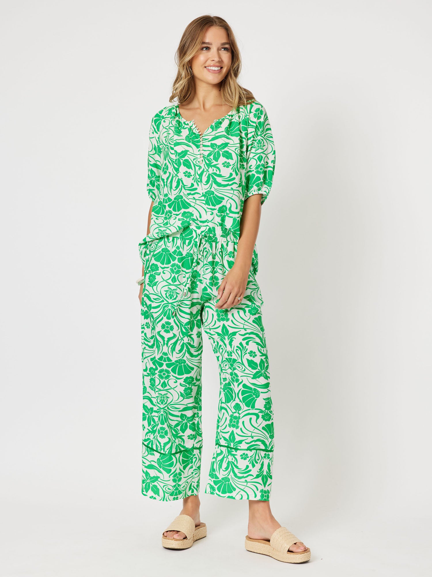 Paradise Print Wide Leg Pant - Green
