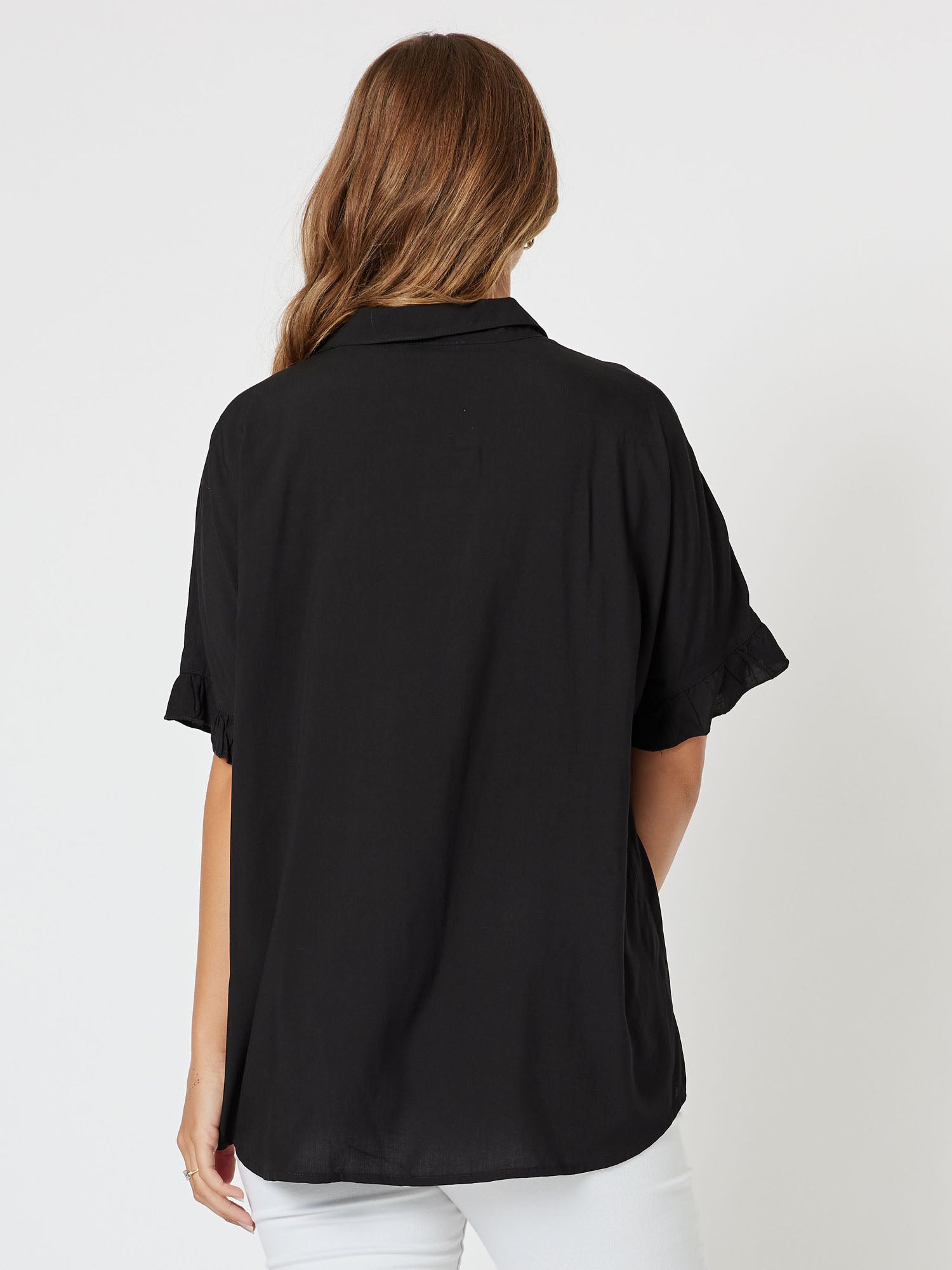 Kylie Short Sleeve Frill Trim Shirt - Black