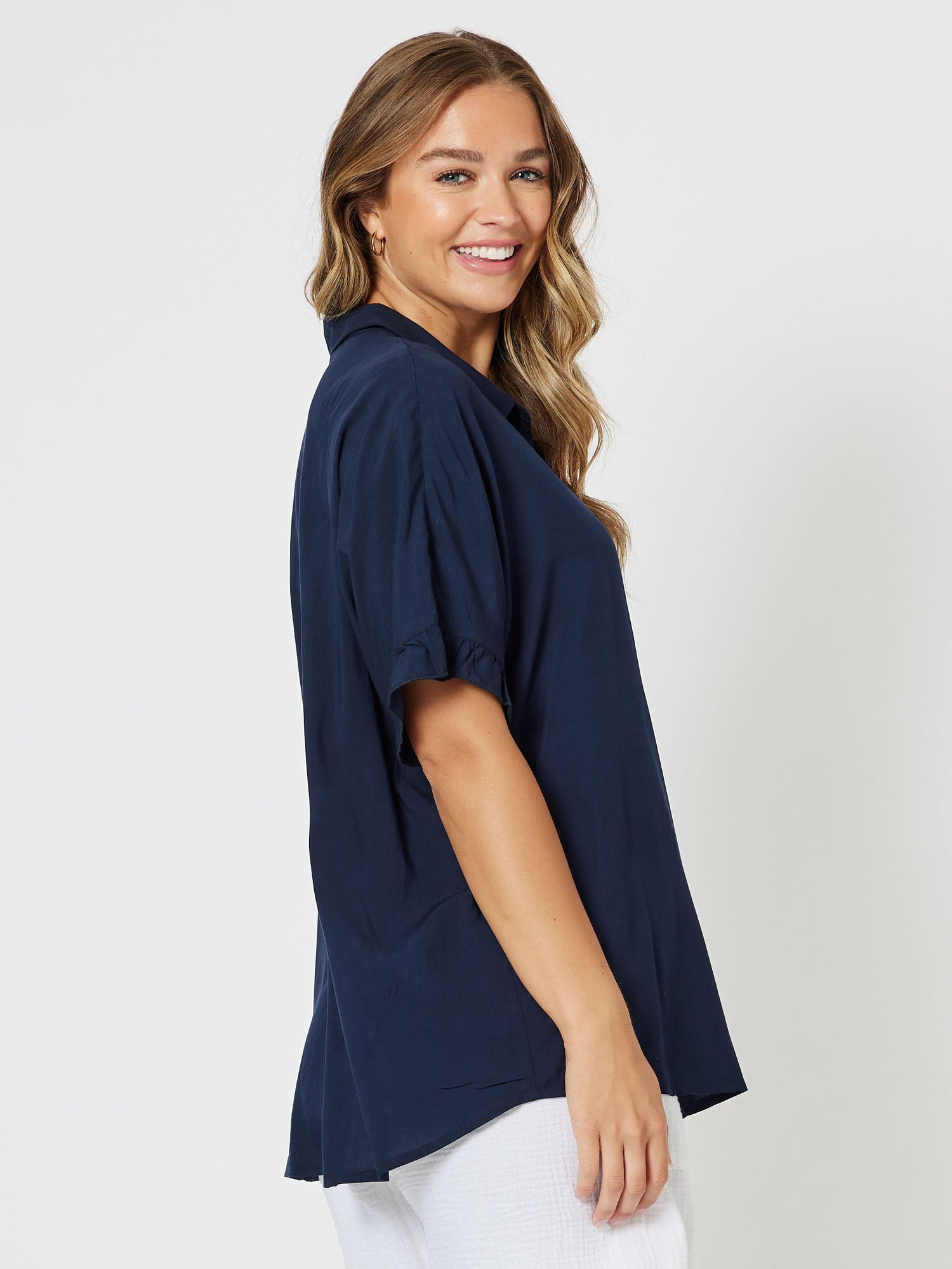 Kylie Short Sleeve Frill Trim Shirt - Navy