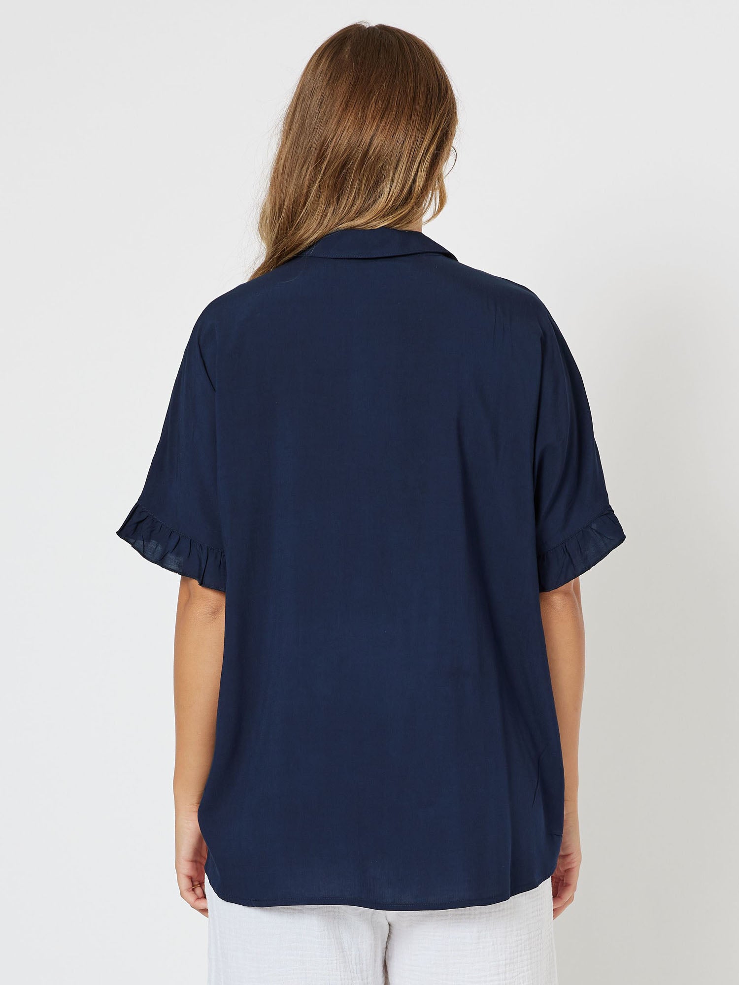 Kylie Short Sleeve Frill Trim Shirt - Navy