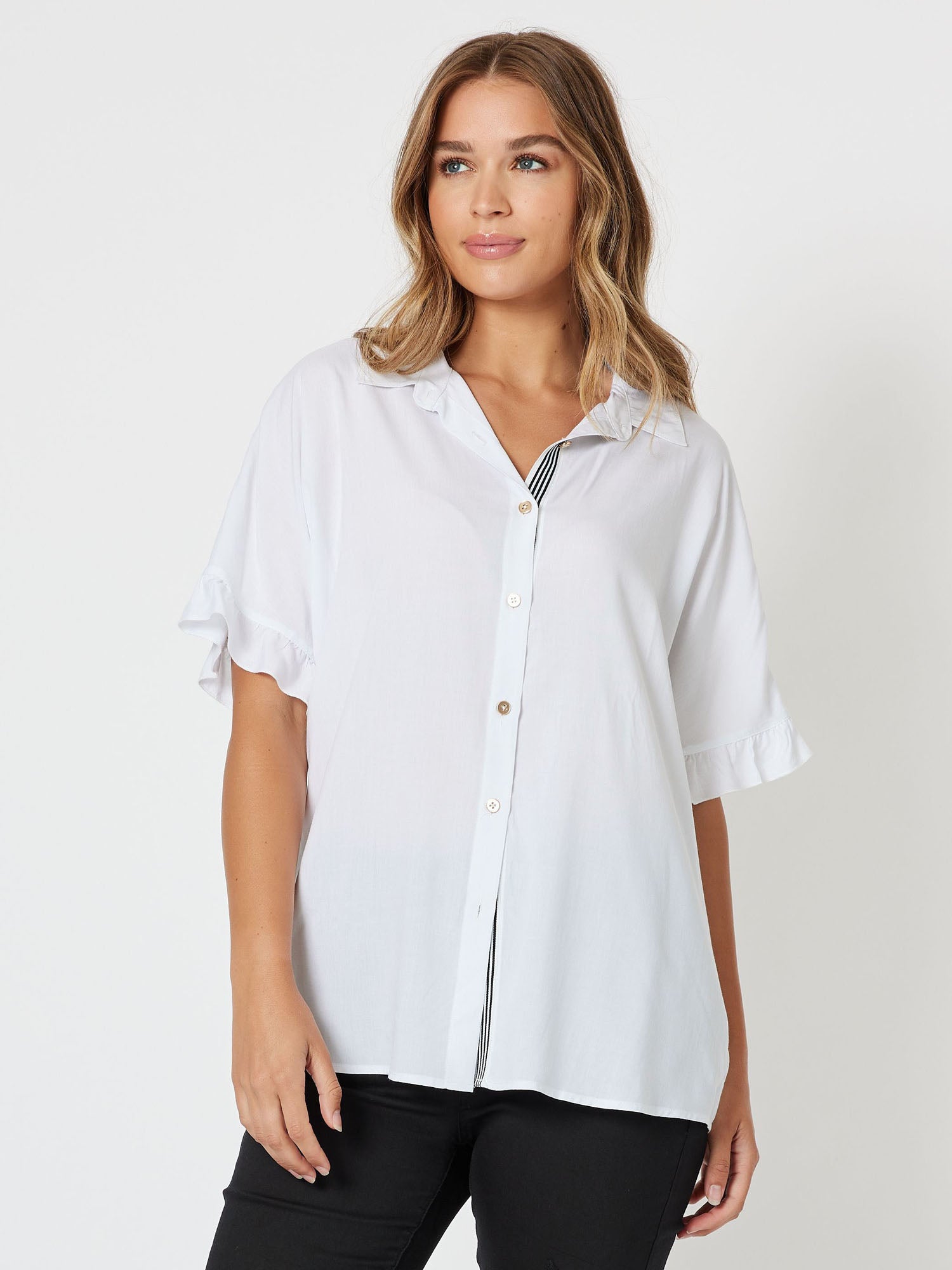 Kylie Short Sleeve Frill Trim Shirt - White