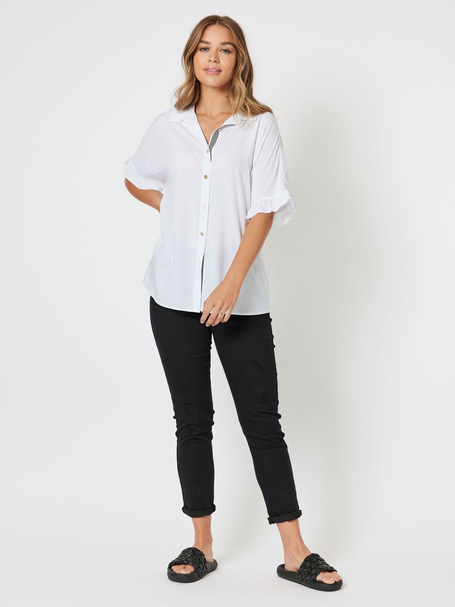 Kylie Short Sleeve Frill Trim Shirt - White