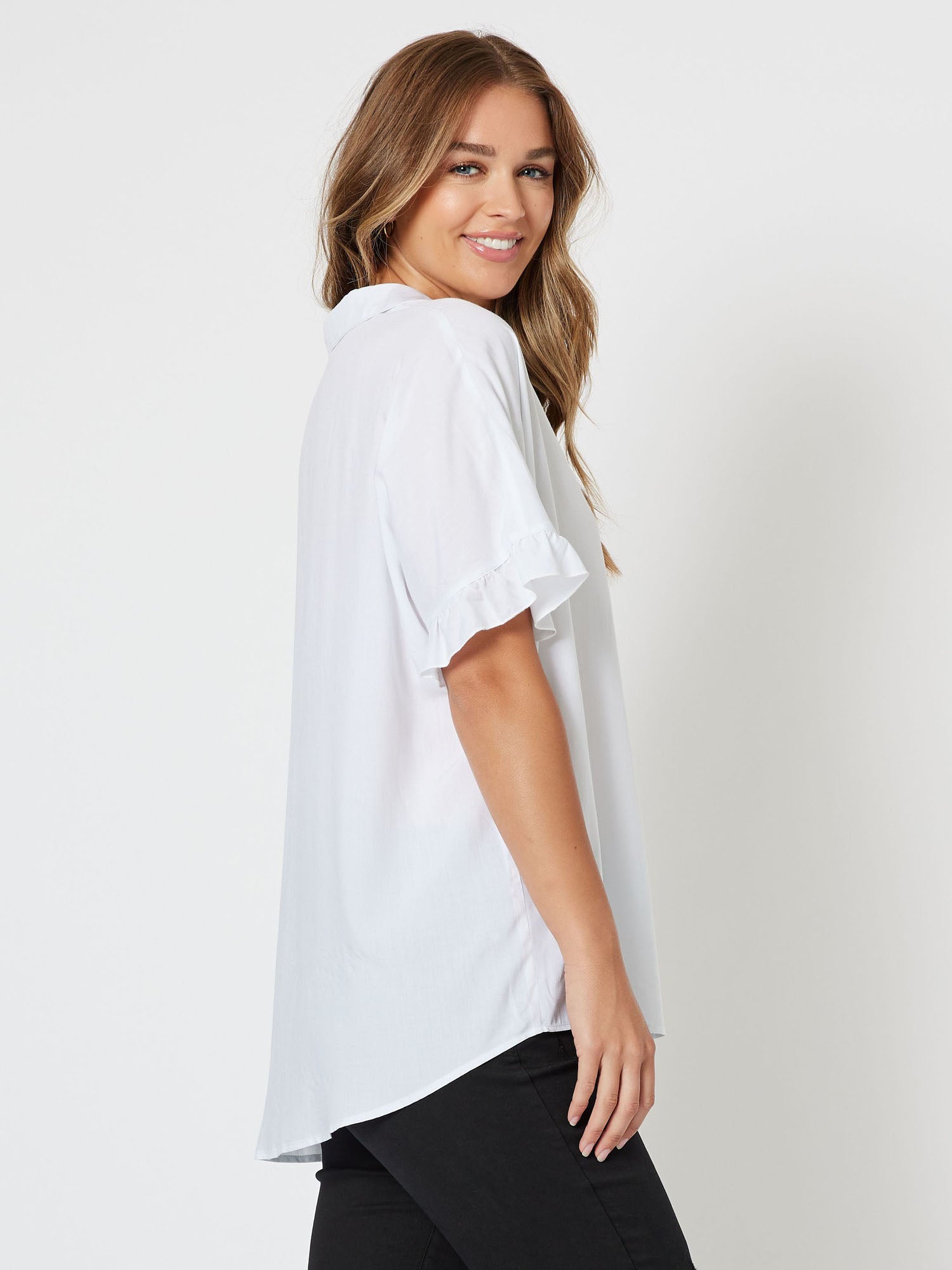 Kylie Short Sleeve Frill Trim Shirt - White