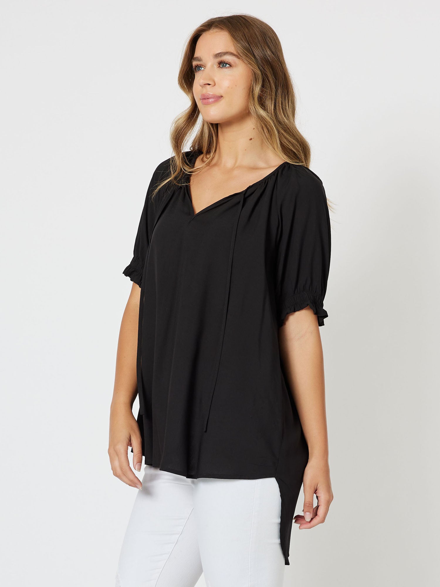Jodie Short Sleeve Vneck Tunic Top - Black