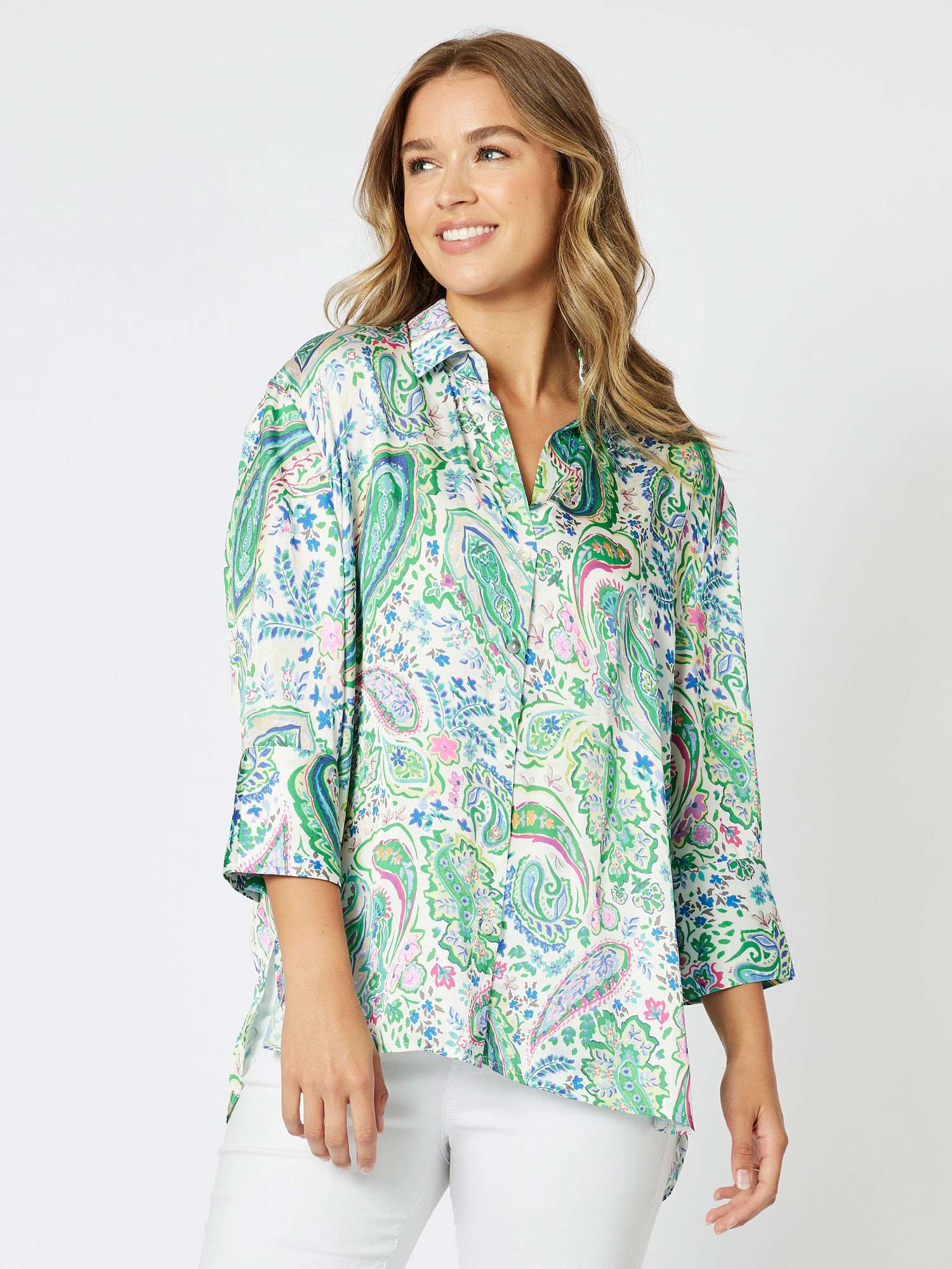 Vibe Satin Print Long Sleeve Shirt - Green