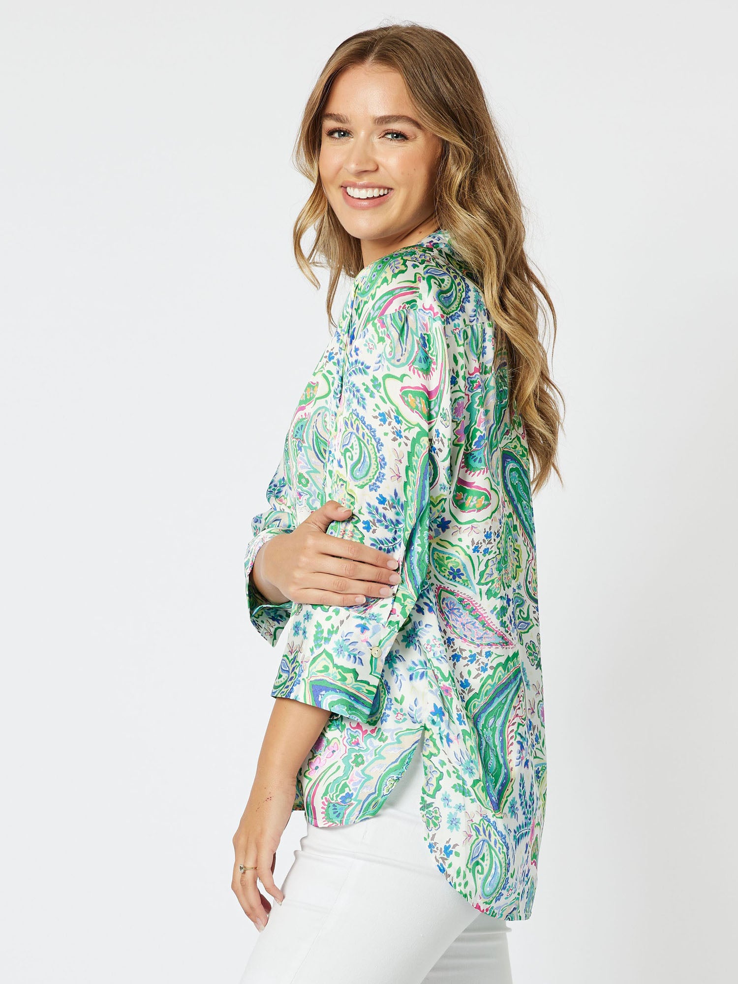 Vibe Satin Print Long Sleeve Shirt - Green