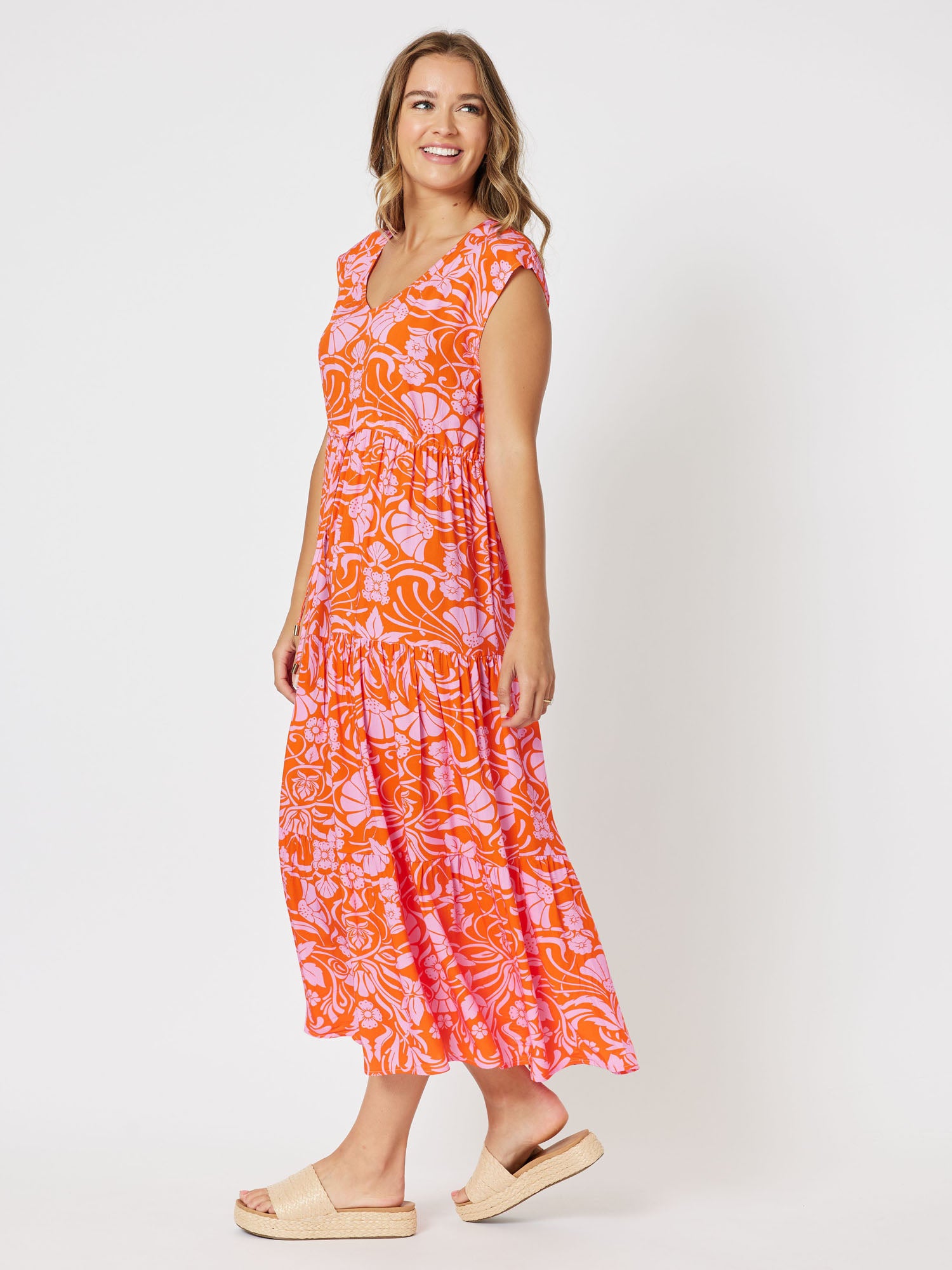 Jaffa Print Cap Sleeve A-Line Midi Dress - Orange