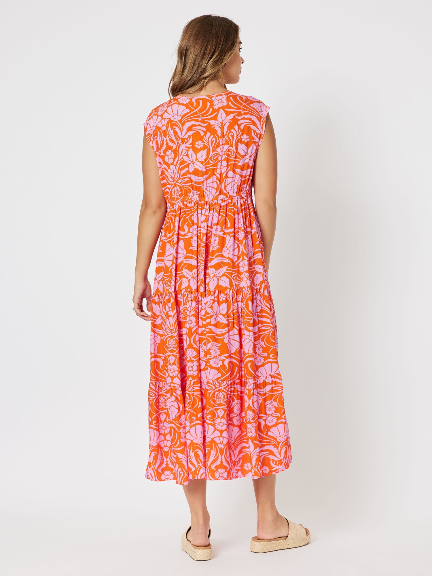 Jaffa Print Cap Sleeve A-Line Midi Dress - Orange