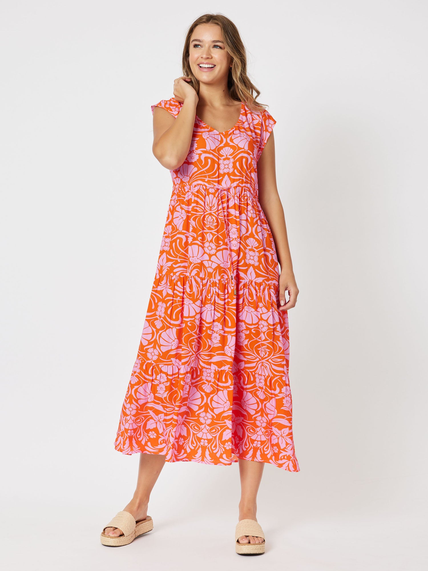 Jaffa Print Cap Sleeve A-Line Midi Dress - Orange
