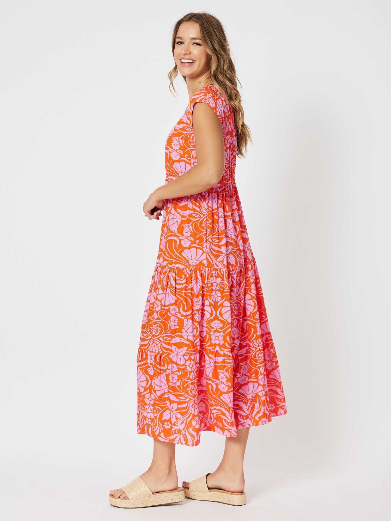 Jaffa Print Cap Sleeve A-Line Midi Dress - Orange