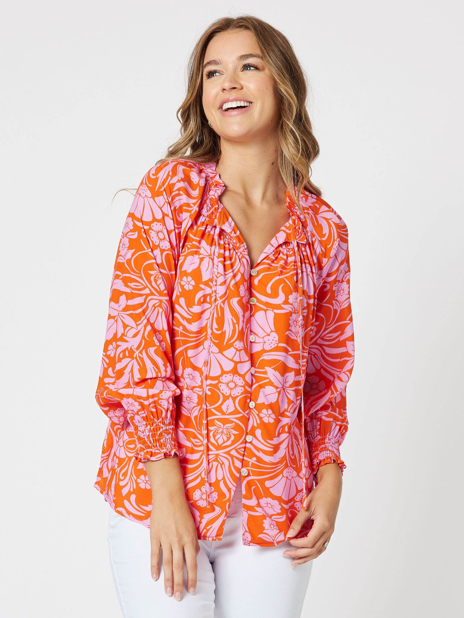 Jaffa Print Notch Front Neck Long Sleeve Top - Orange