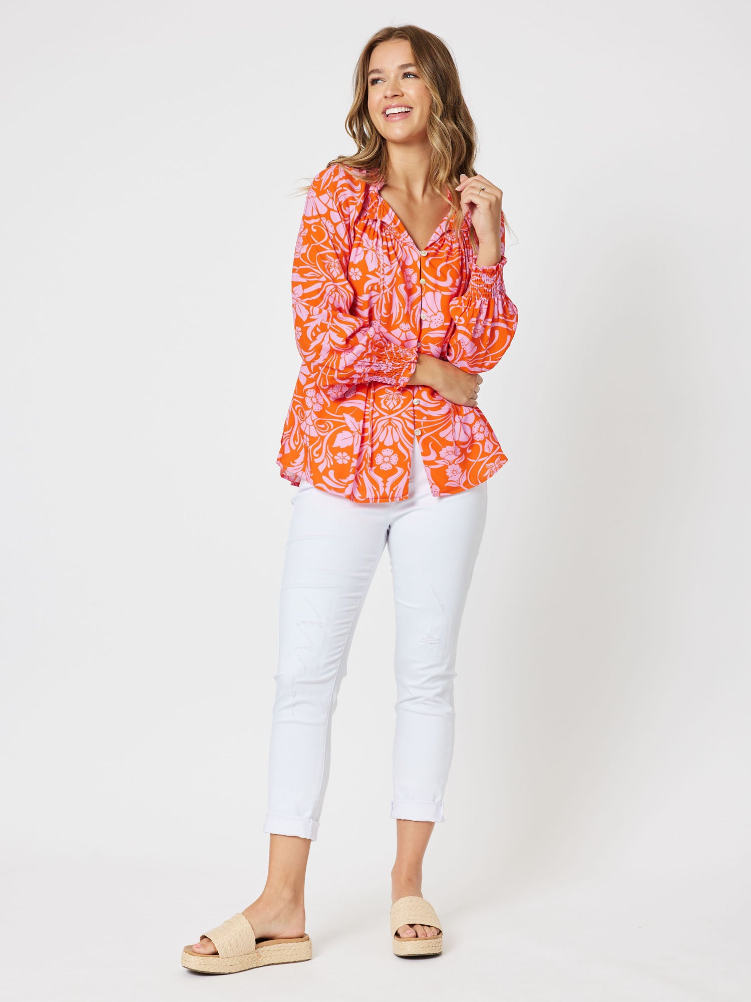 Jaffa Print Notch Front Neck Long Sleeve Top - Orange