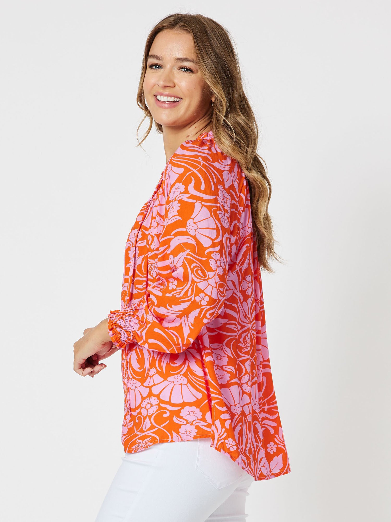 Jaffa Print Notch Front Neck Long Sleeve Top - Orange