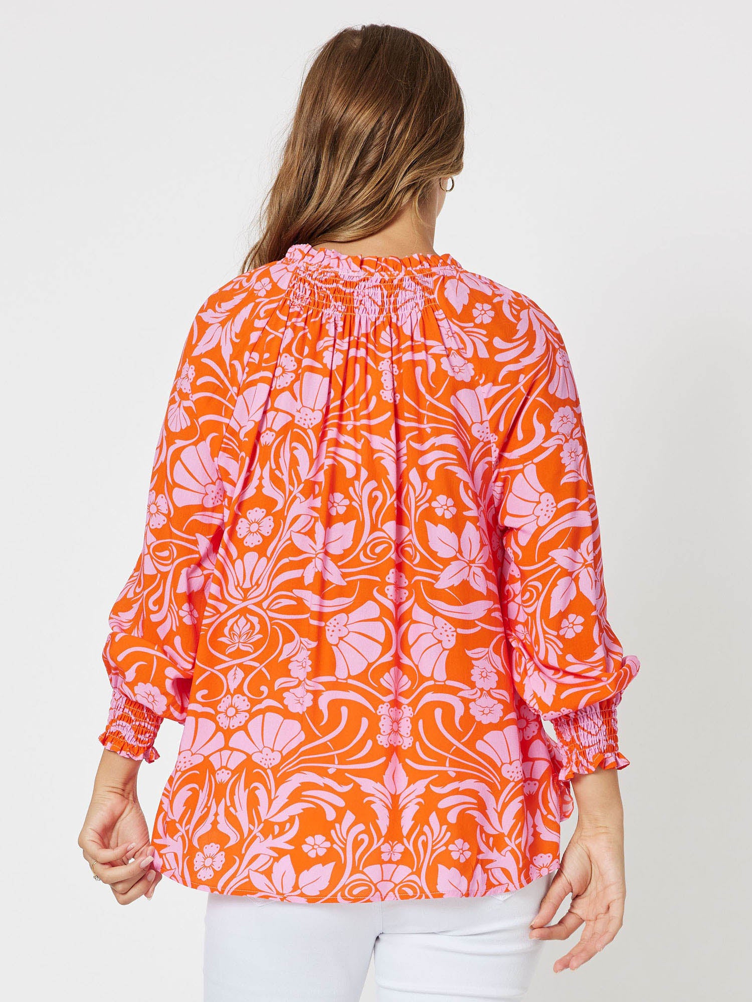 Jaffa Print Notch Front Neck Long Sleeve Top - Orange
