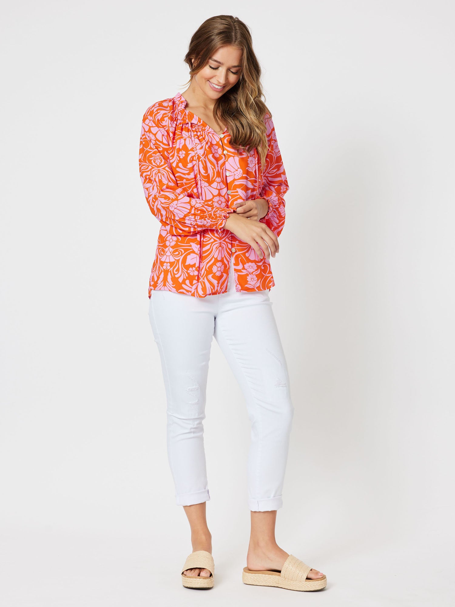 Jaffa Print Notch Front Neck Long Sleeve Top - Orange