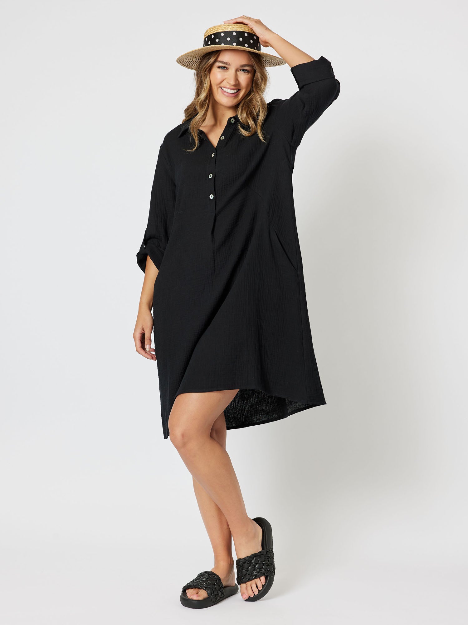 Byron Cotton Tab Sleeve Shirt Dress - Black