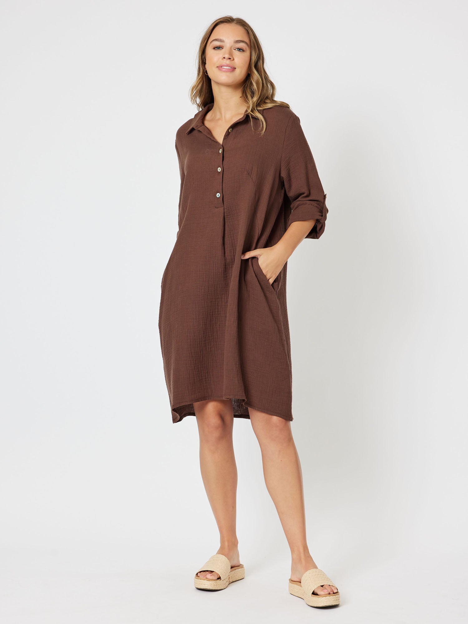 Byron Cotton Tab Sleeve Shirt Dress - Chocolate