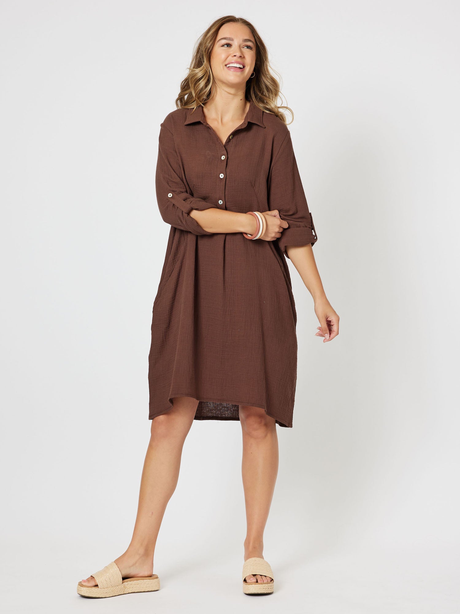 Byron Cotton Tab Sleeve Shirt Dress - Chocolate