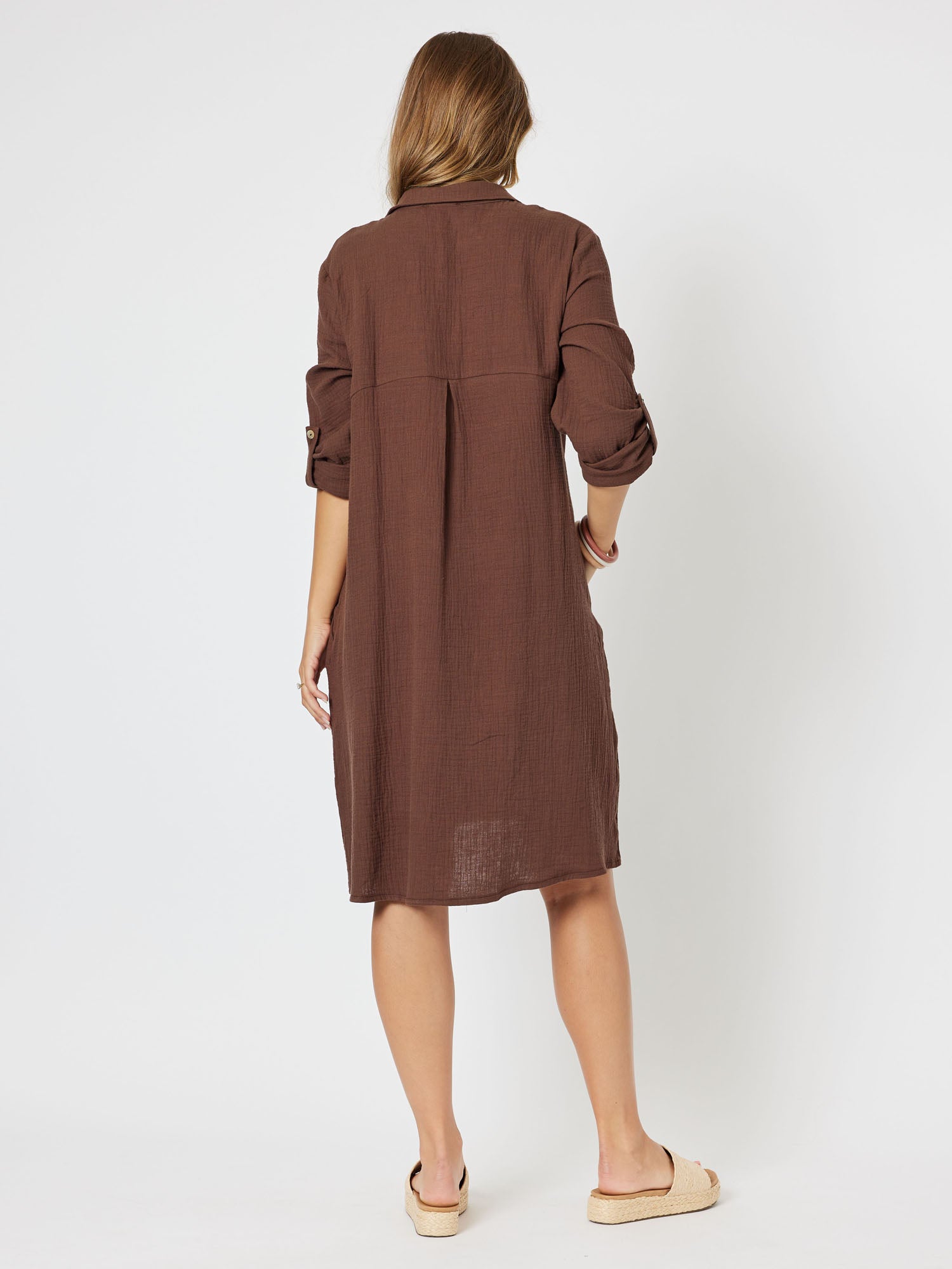Byron Cotton Tab Sleeve Shirt Dress - Chocolate