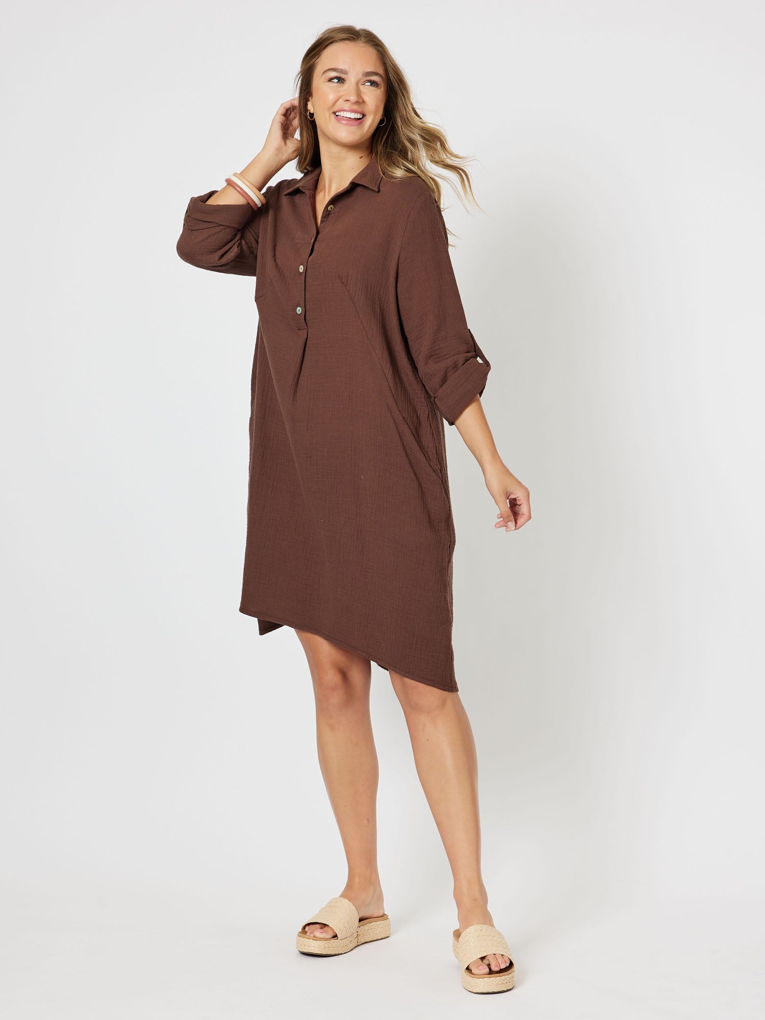 Byron Cotton Tab Sleeve Shirt Dress - Chocolate