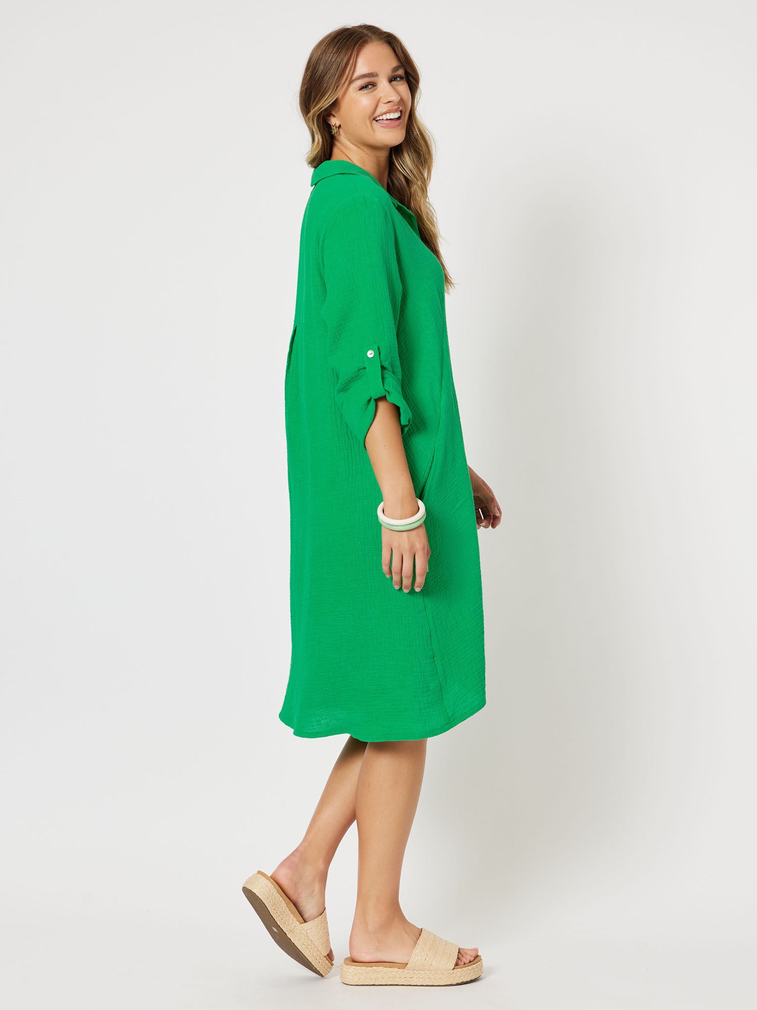 Byron Cotton Tab Sleeve Shirt Dress - Emerald