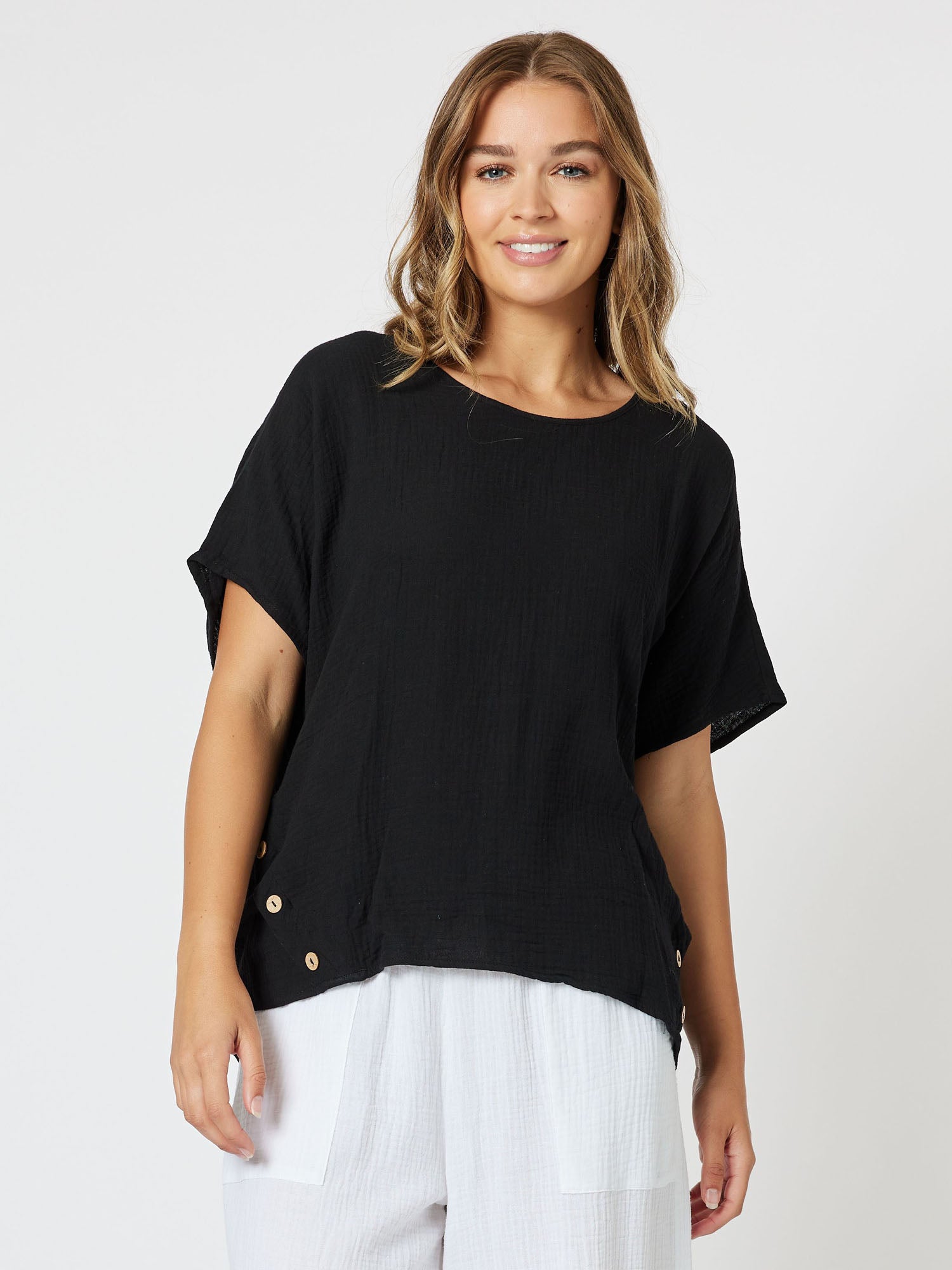 Byron Cotton Relaxed Short Sleeve Top - Black