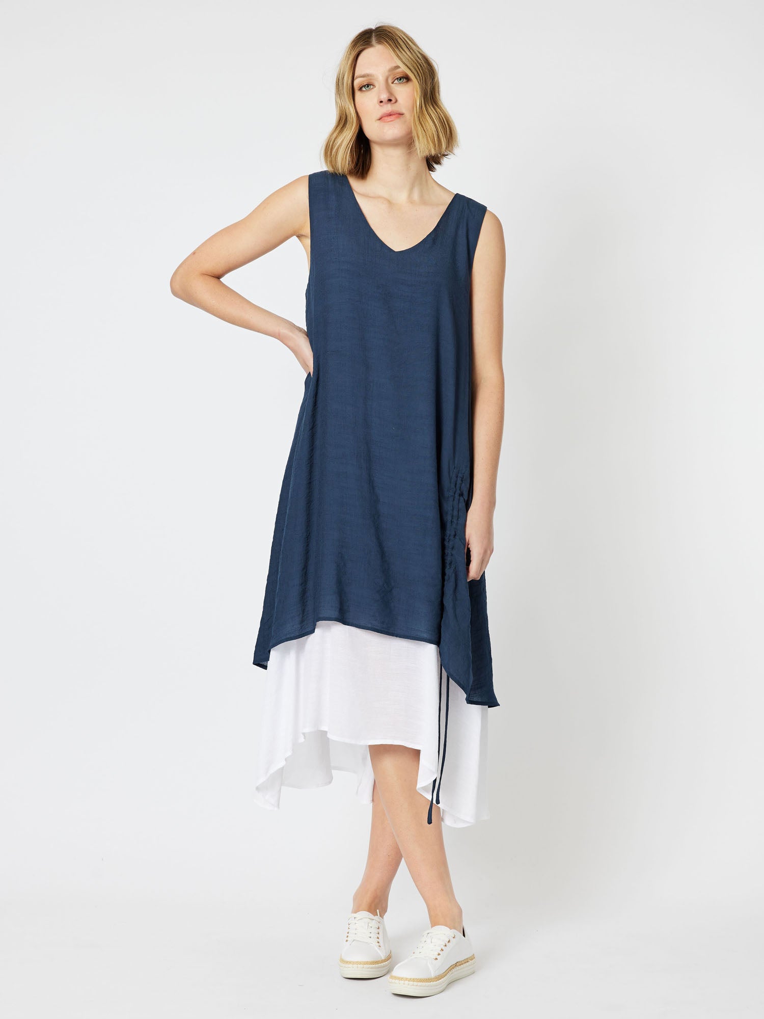 Perissa Layered Midi Dress - Navy/White