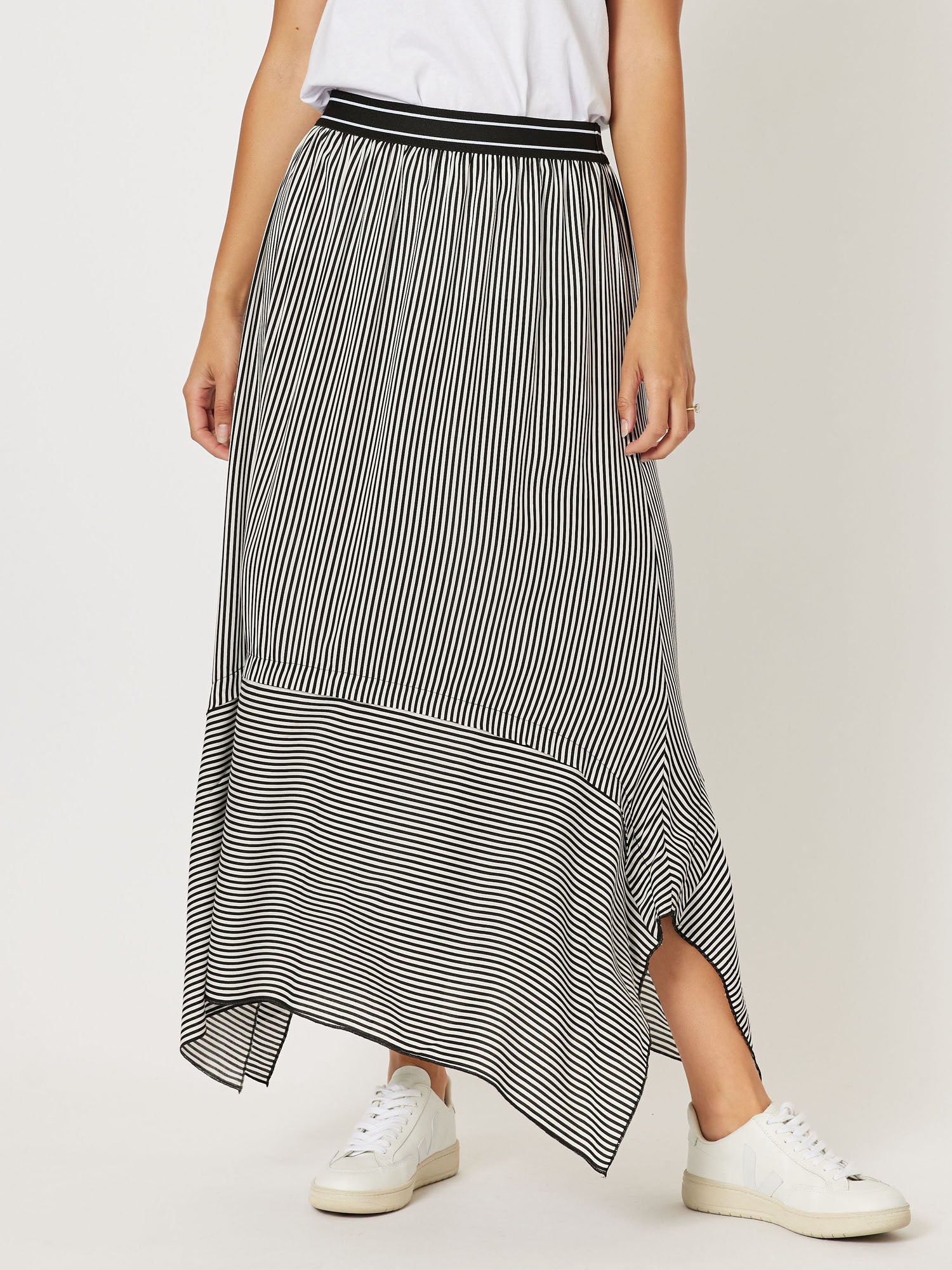 Chloe Stripe Asymmetric A-Line Pull On Midi Skirt - Black/White