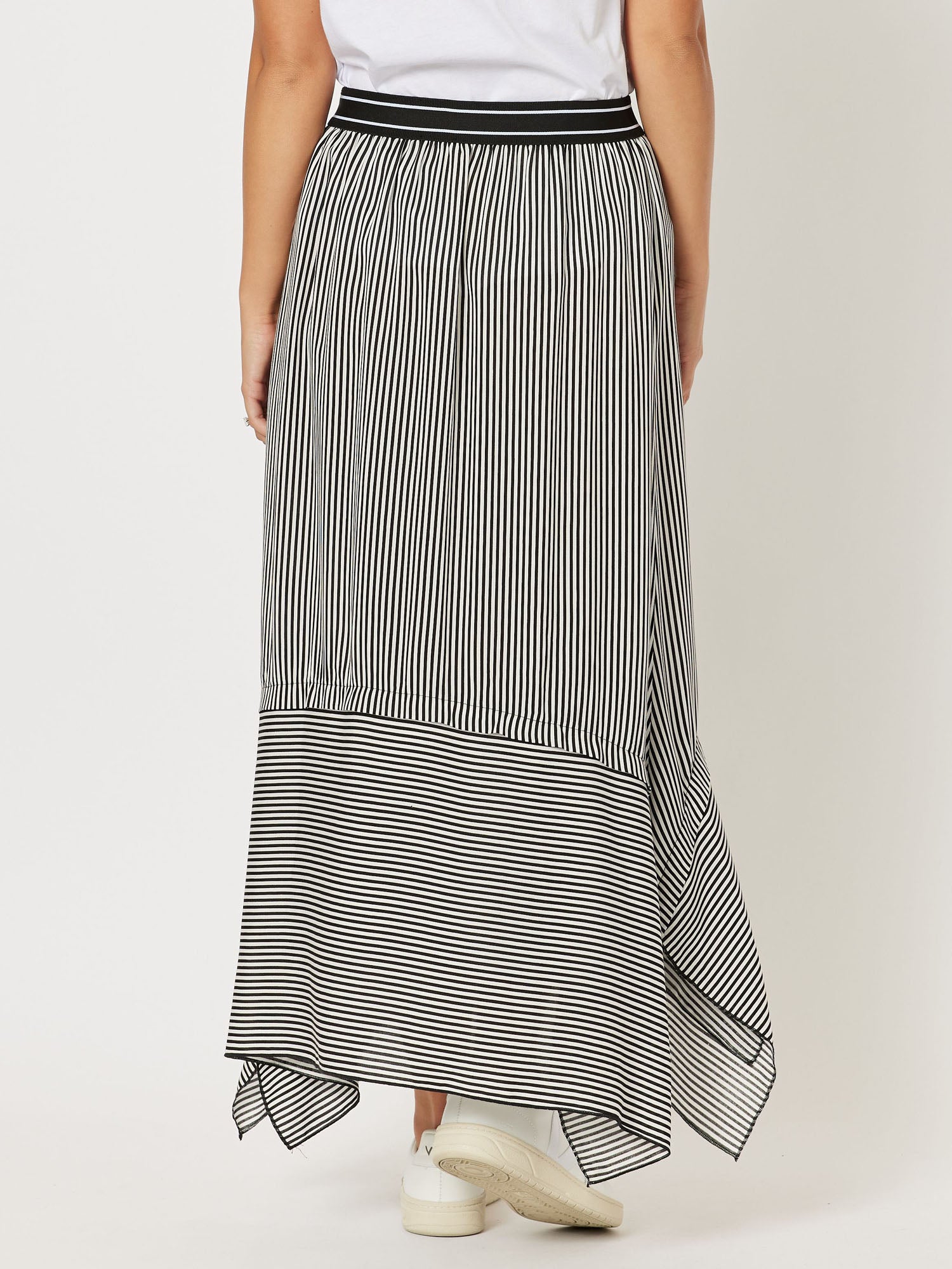 Chloe Stripe Asymmetric A-Line Pull On Midi Skirt - Black/White