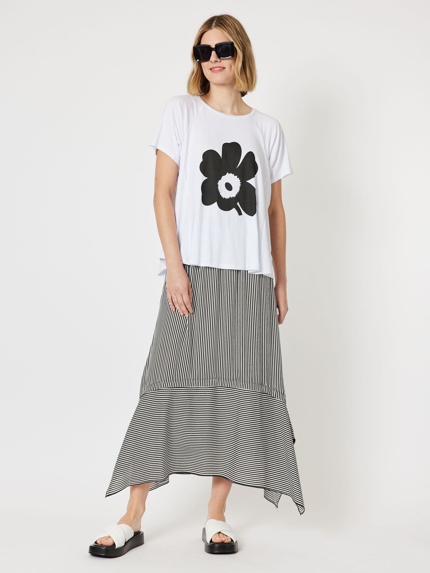 Chloe Stripe Asymmetric A-Line Pull On Midi Skirt - Black/White