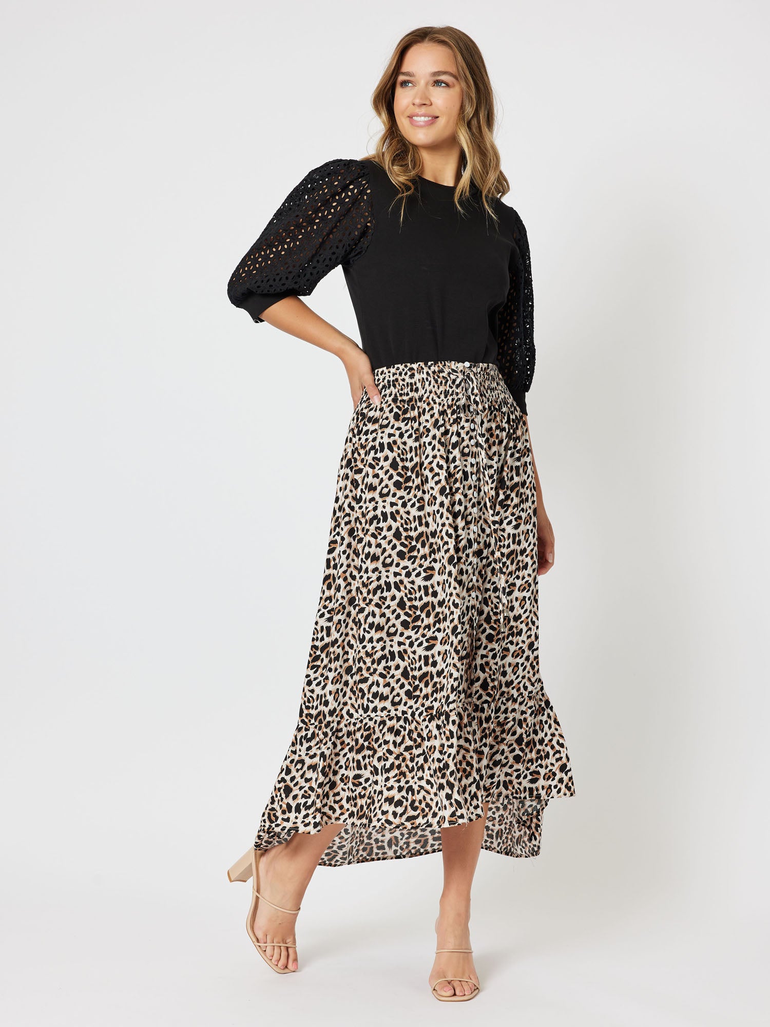 Kyla Broderie Sleeve Round Neck Knit Top Top - Black