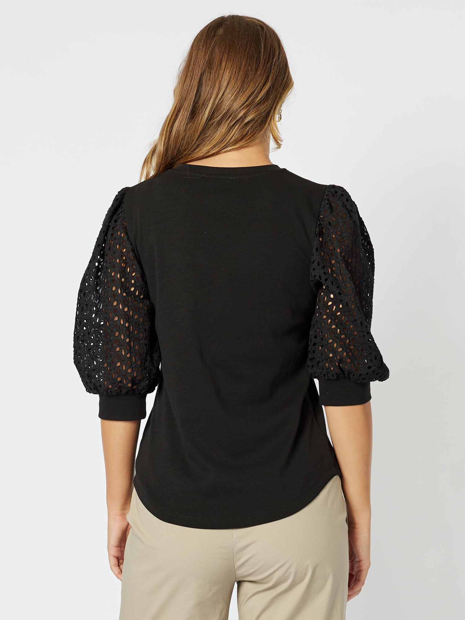 Kyla Broderie Sleeve Round Neck Knit Top Top - Black