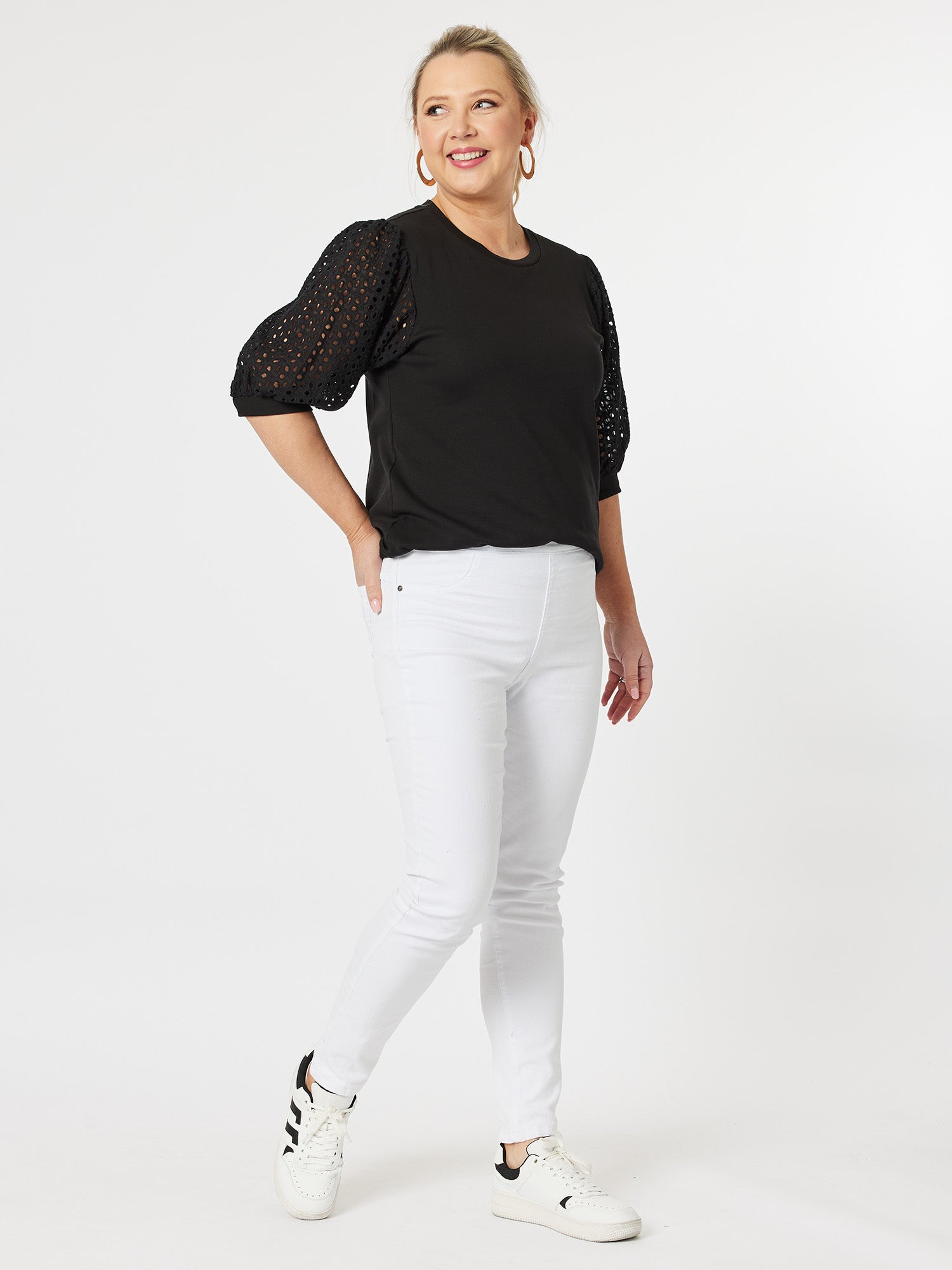 Kyla Broderie Sleeve Round Neck Knit Top Top - Black