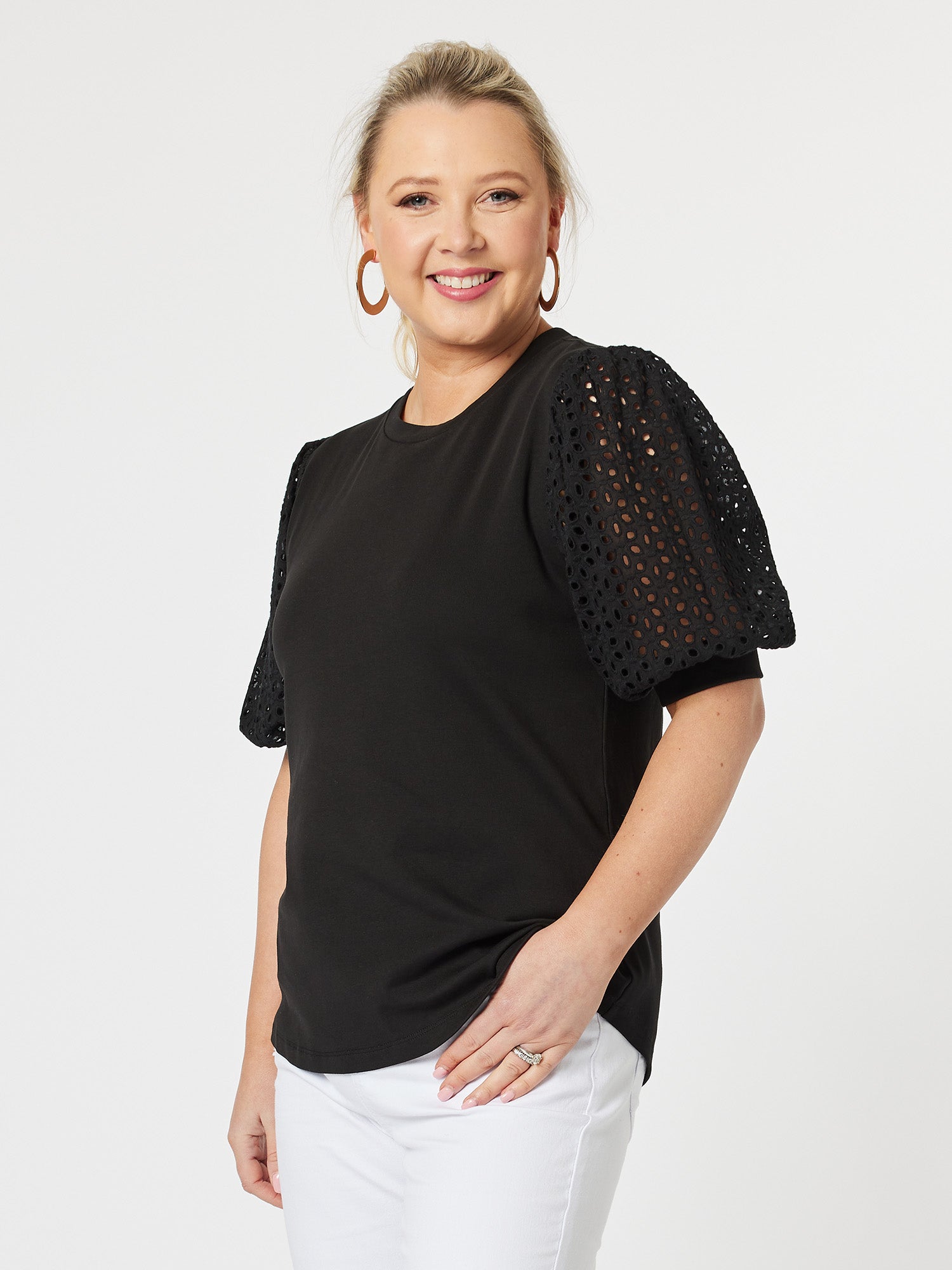 Kyla Broderie Sleeve Top - Black