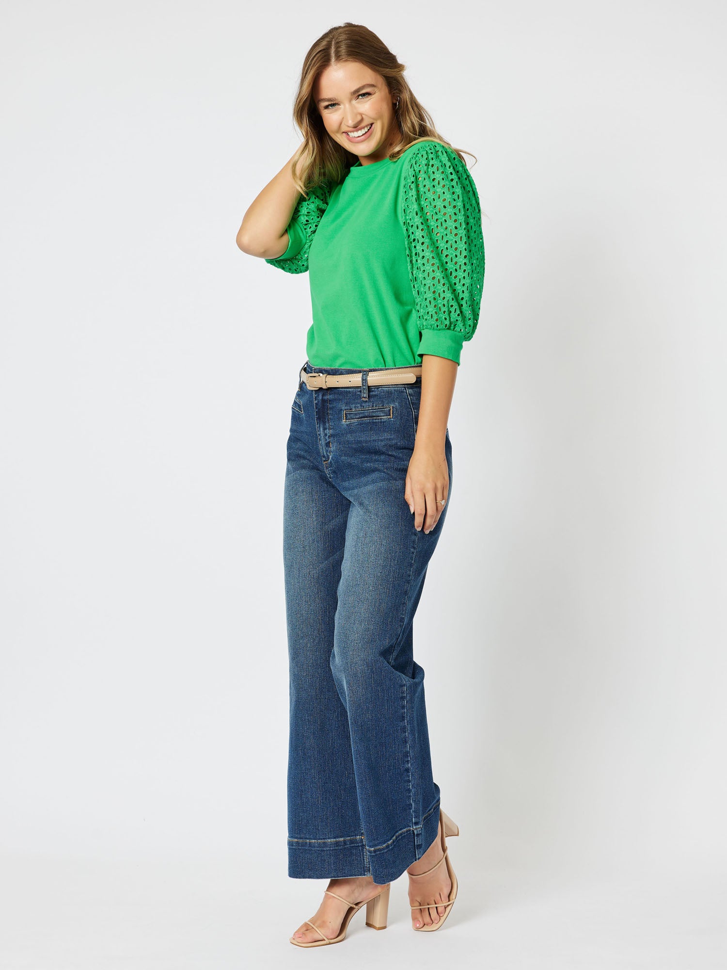 Kyla Broderie Sleeve Round Neck Knit Top - Green