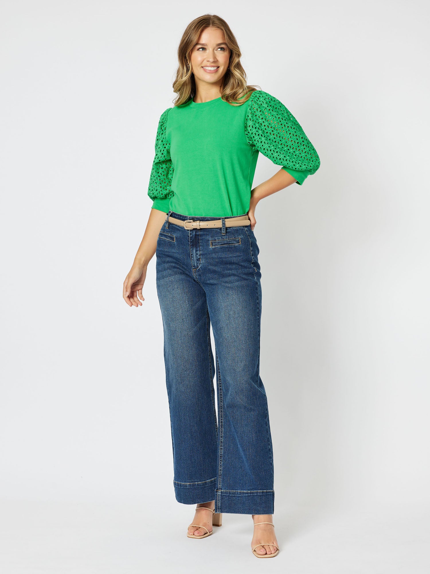 Kyla Broderie Sleeve Round Neck Knit Top - Green