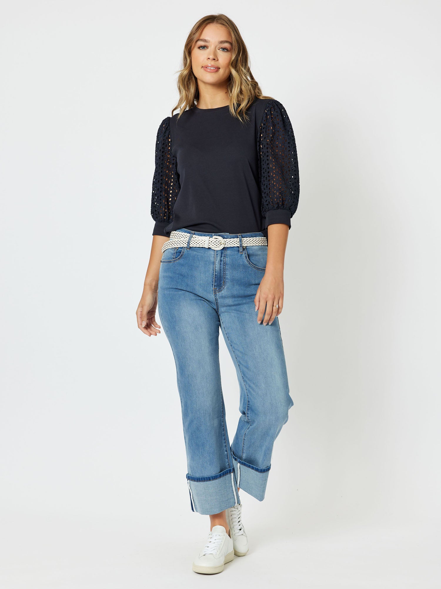 Kyla Broderie Sleeve Round Neck Knit Top - Navy