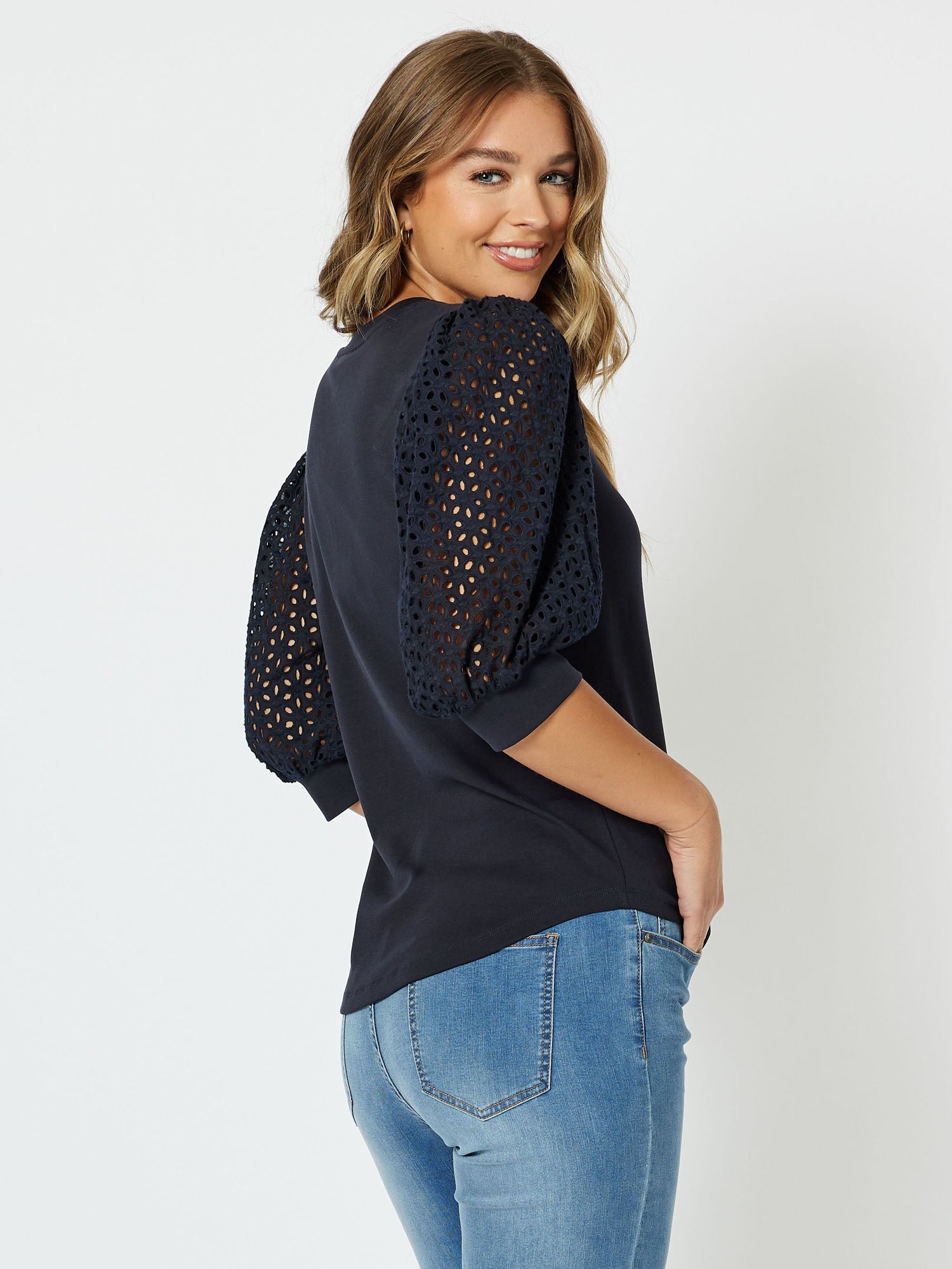 Kyla Broderie Sleeve Round Neck Knit Top - Navy