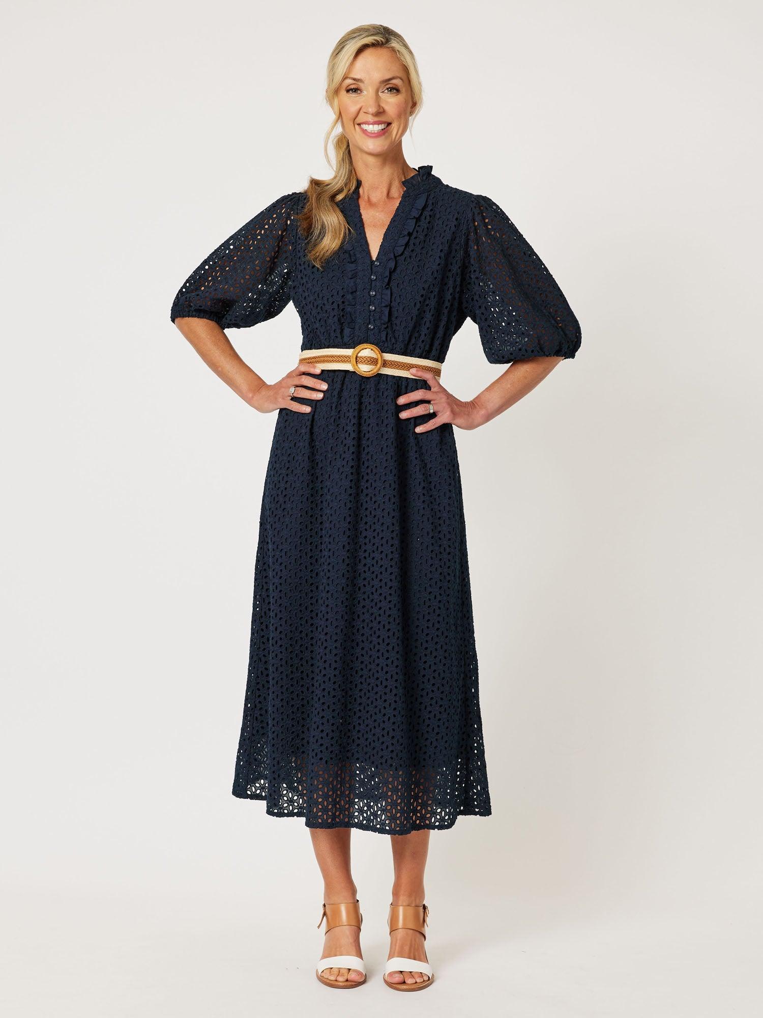 Broderie Lace Midi Dress - Navy