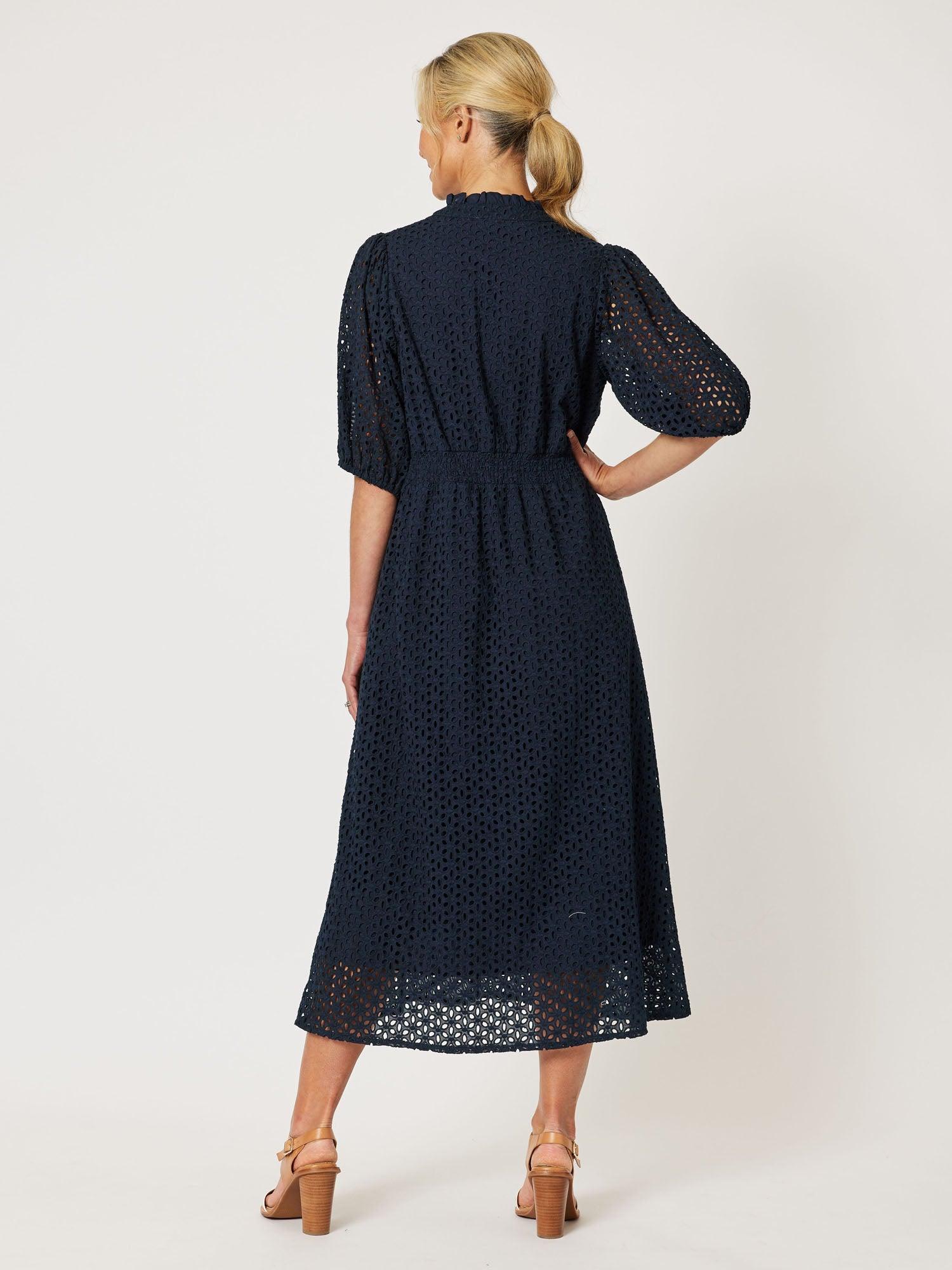 Broderie Lace Midi Dress - Navy