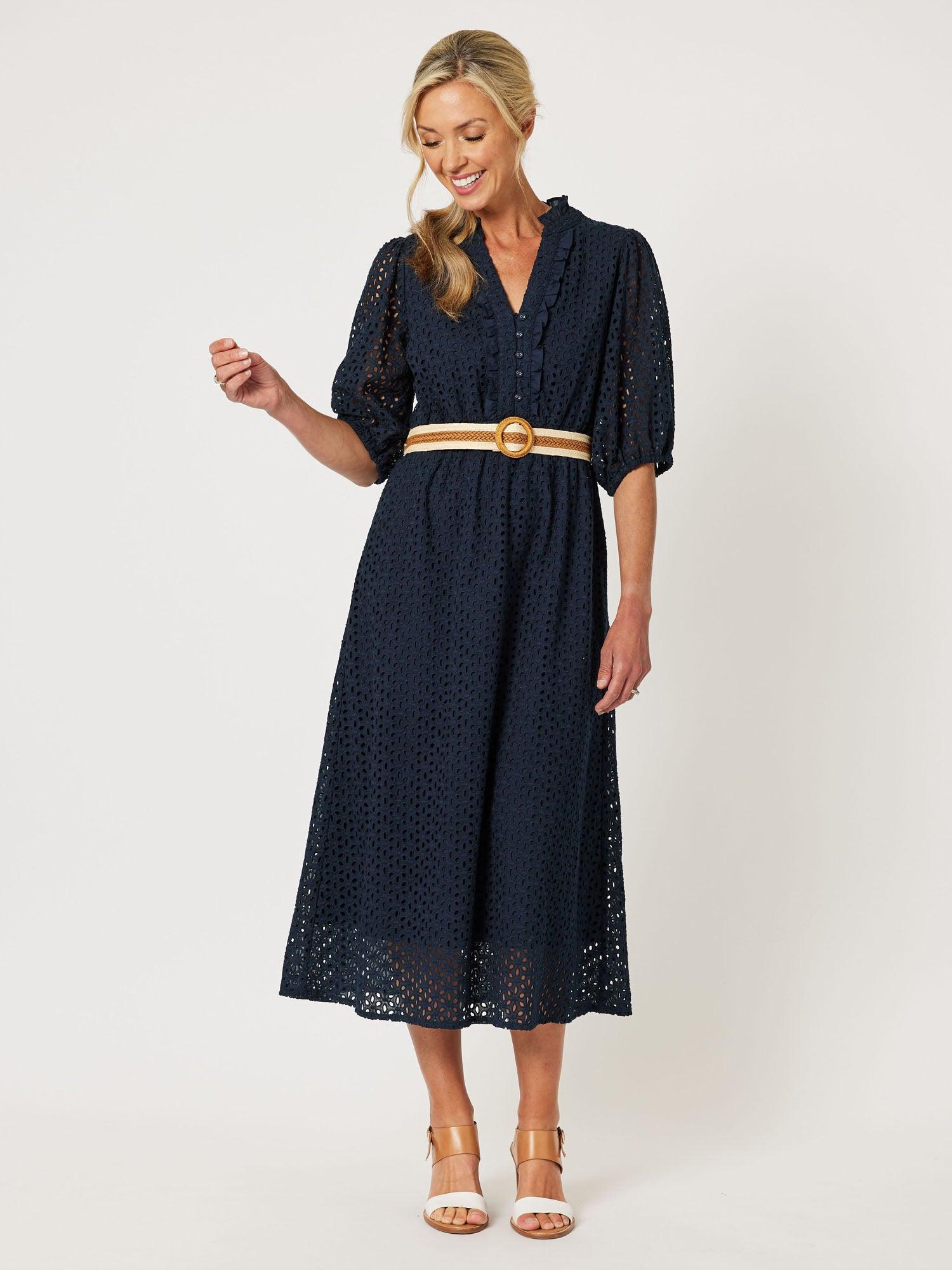 Broderie Lace Midi Dress - Navy
