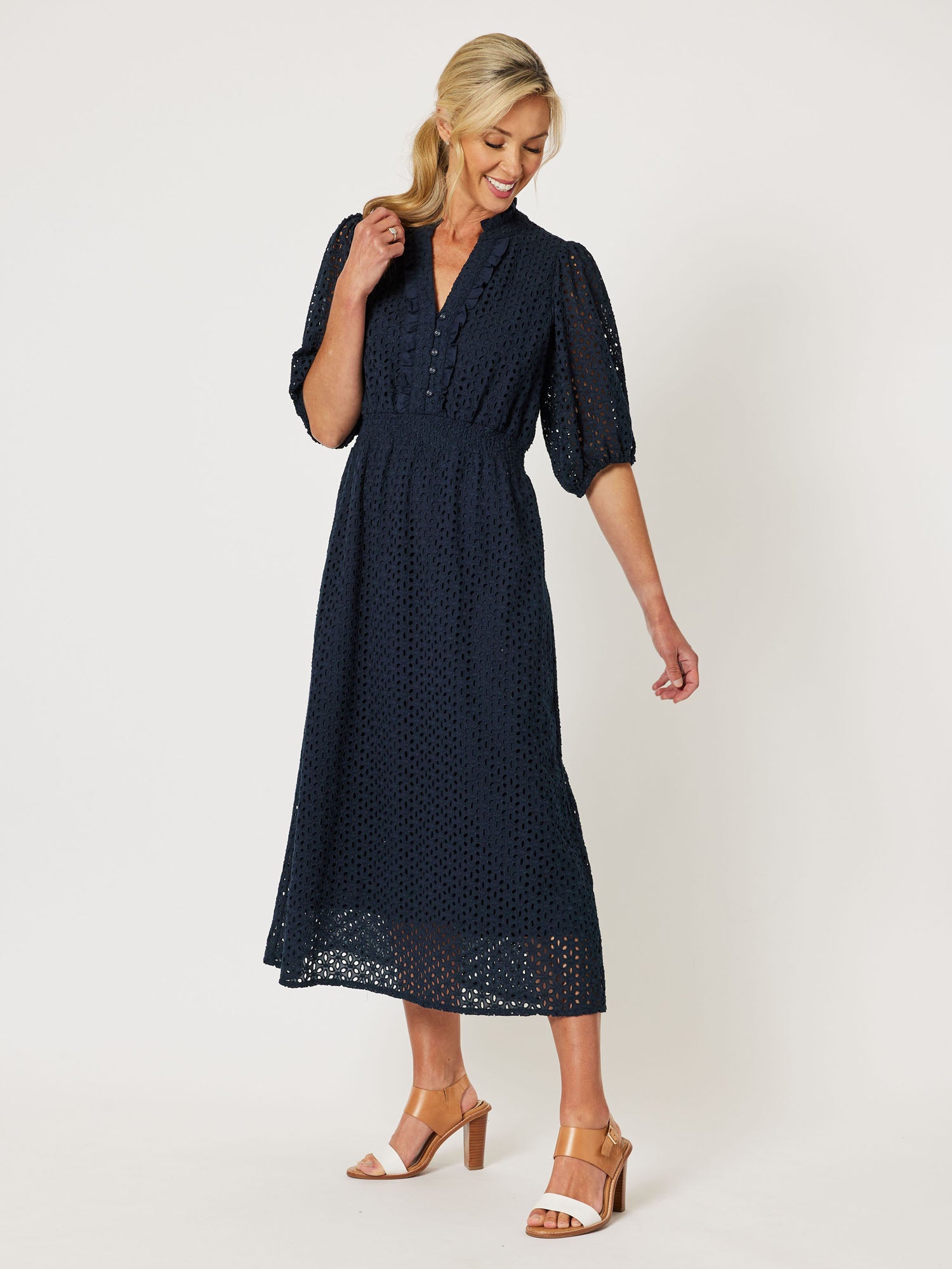 Broderie Lace Midi Dress - Navy
