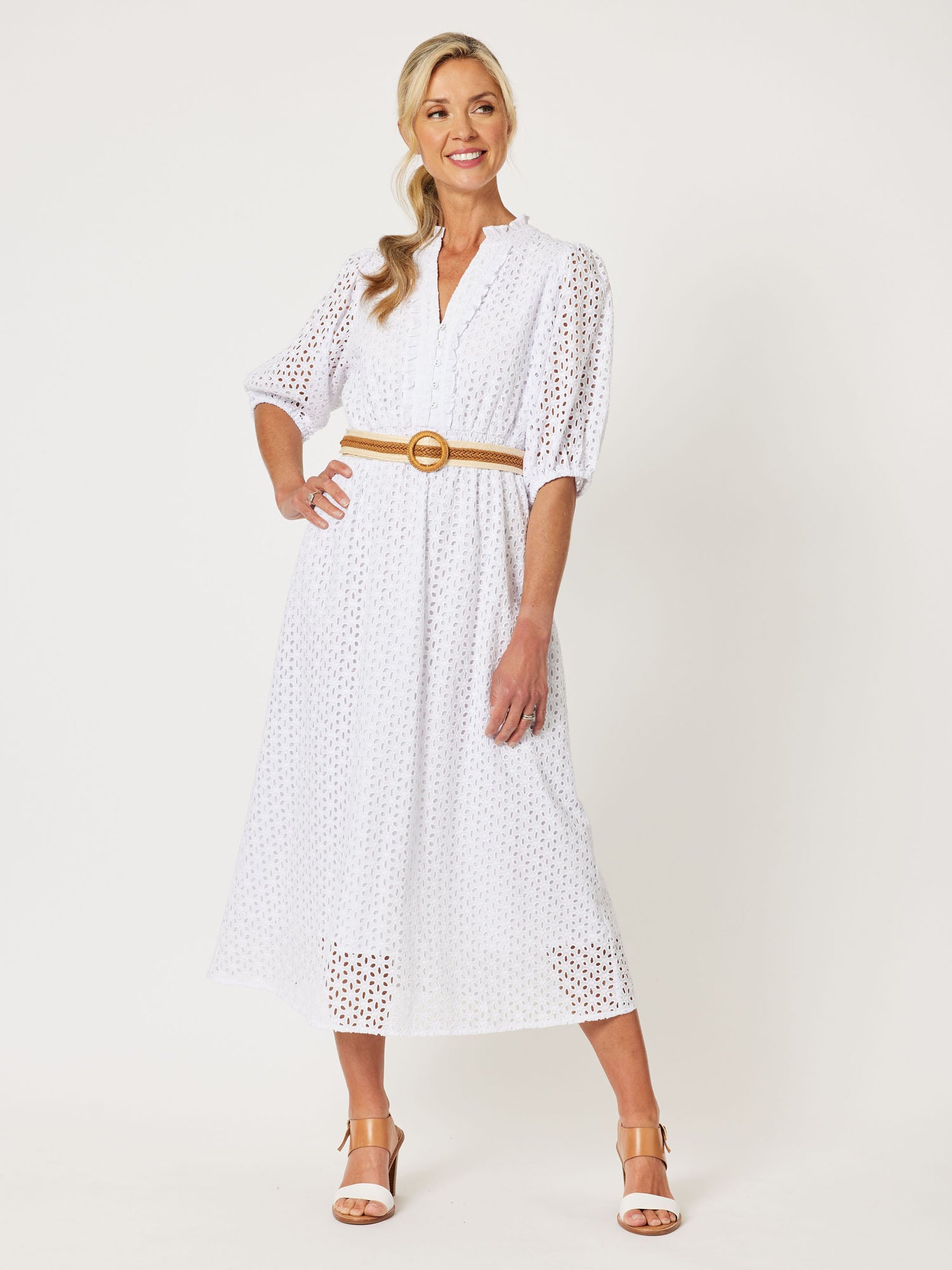 Broderie Lace Midi Dress - White