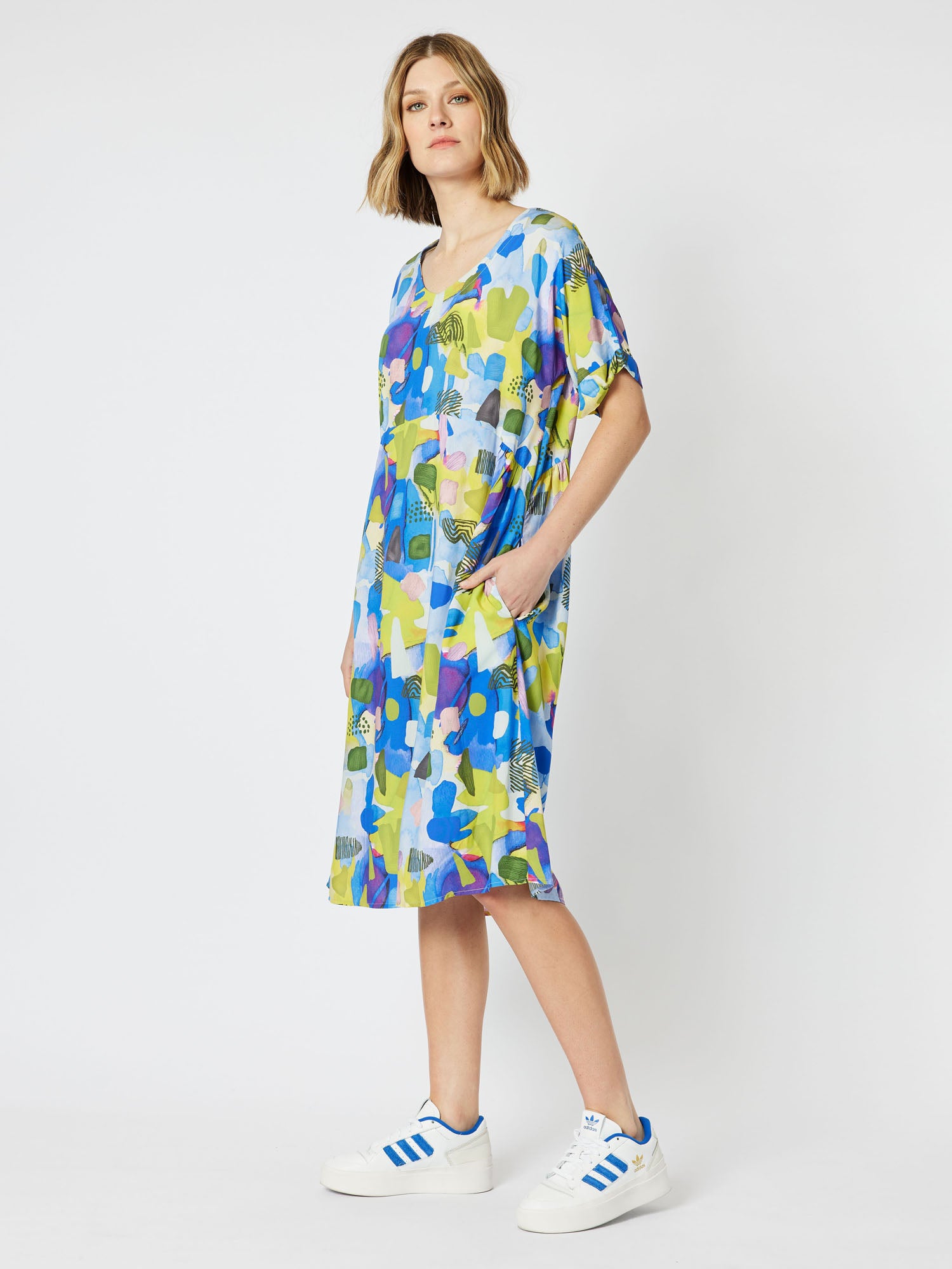 Maisey Print Pocket Detail Short Sleeve Dress - Azure Blue