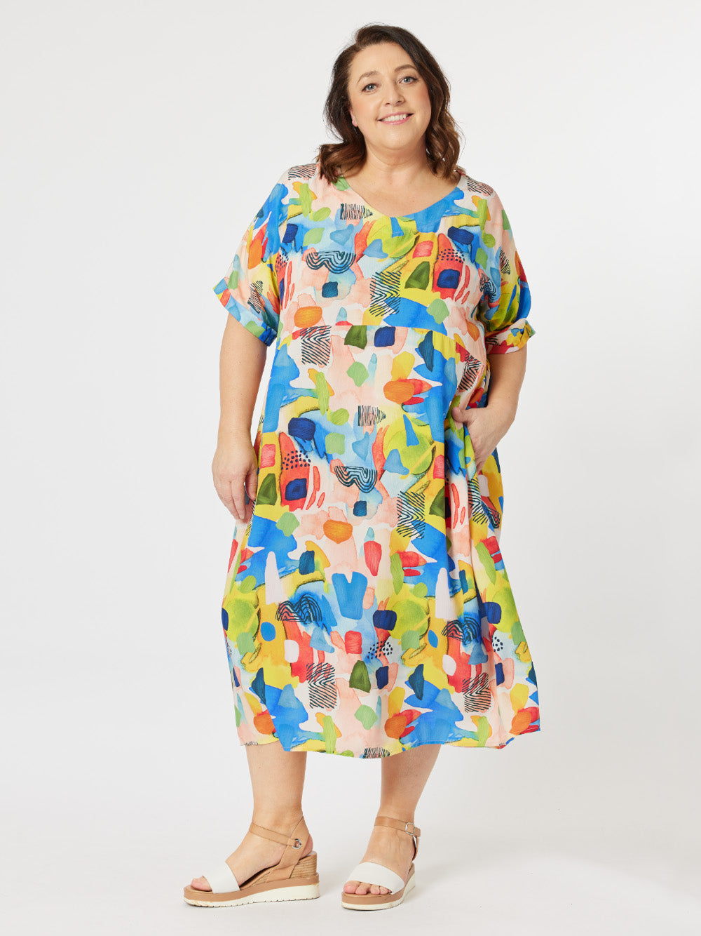 Artistry Print Pocket Detail Short Sleeve Dress - Red