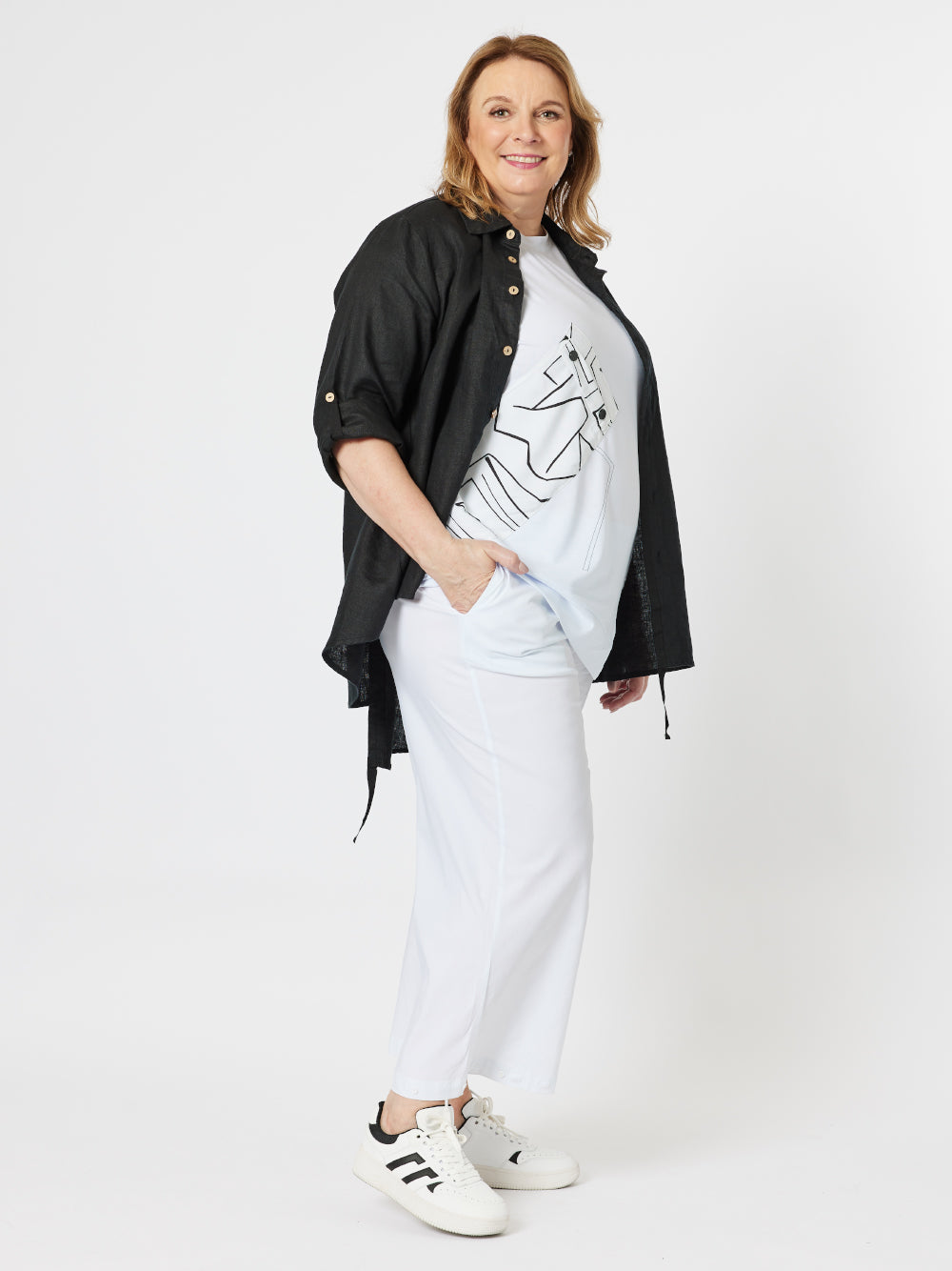 New York Stretch Knit Asymmetric Short Sleeve T-Shirt - White